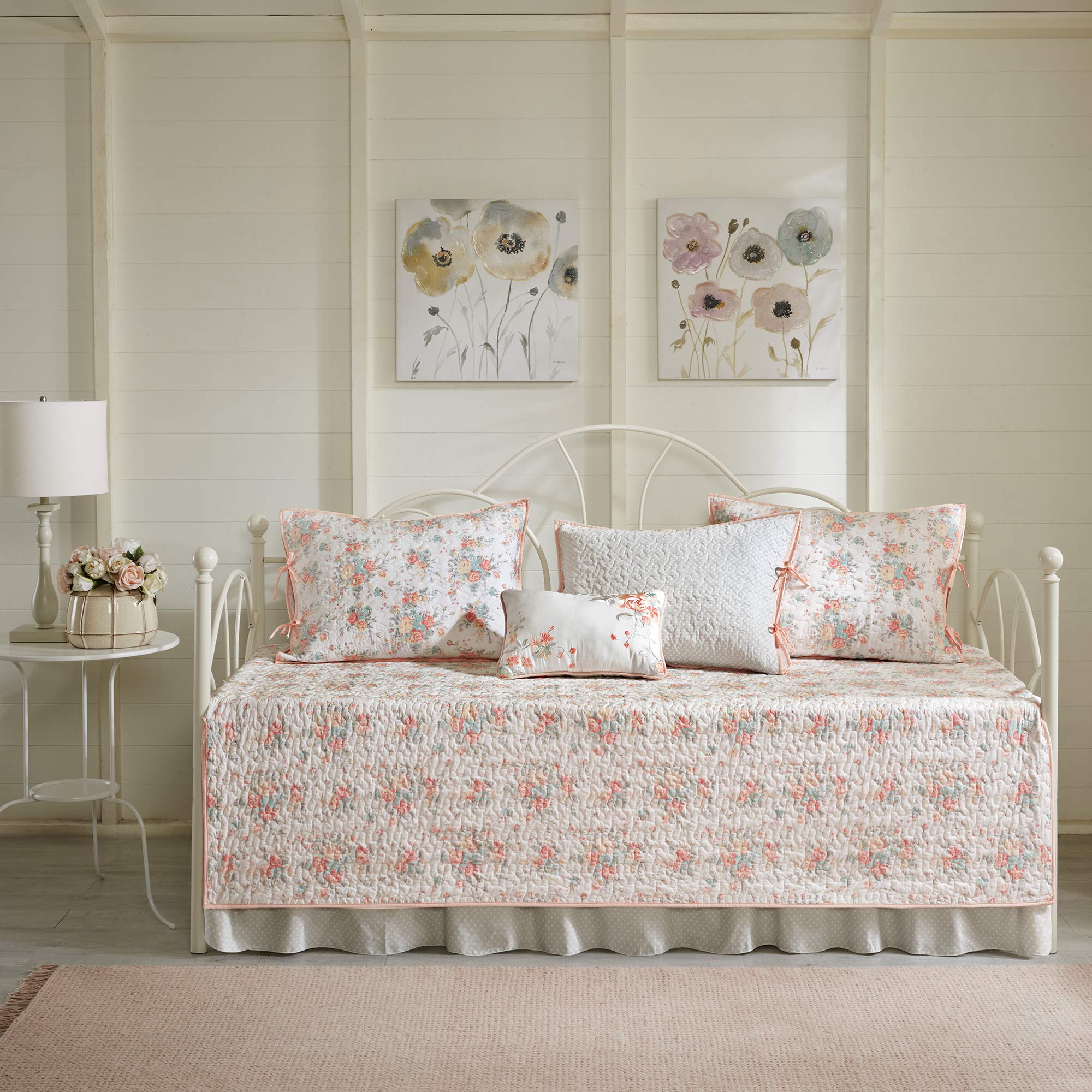 Madison Park Daybed Cover Set-Double Sided Quilting Casual Design All Season Bedding with Bedskirt, Matching Shams, Decorative Pillow, 75"x39", 100% Cotton Serendipity, Coral 6 Piece