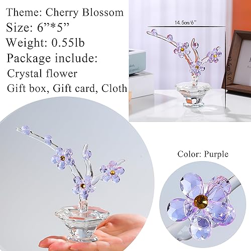 Miniatura 3 de Flores de cristal de cerezo morado con tallos, flores de vidrio con jarrones, cereza japonesa, regalos de decoración para esposa, novia, mujer,