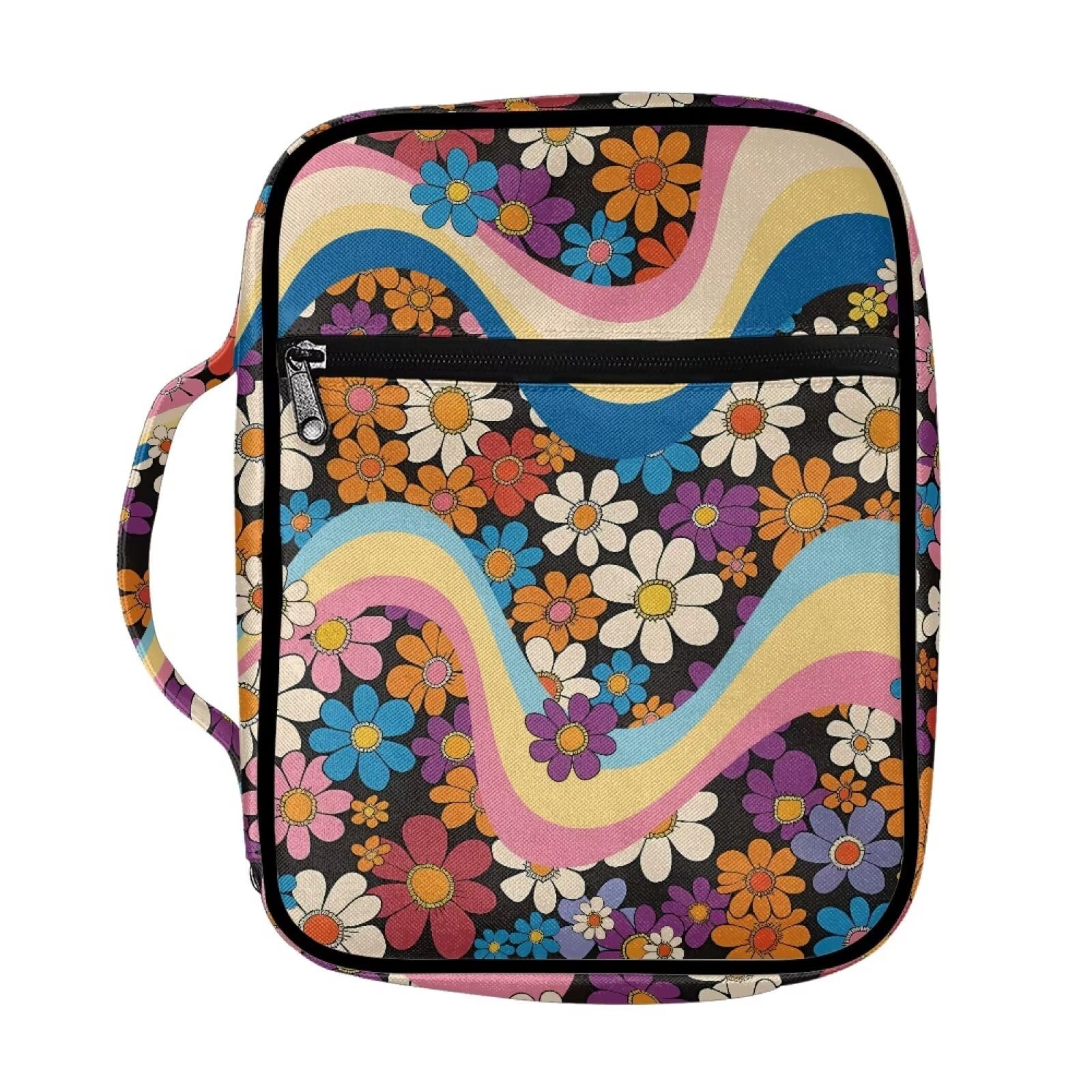Drydeepin Hippie Flower Purple Blue Bible Covers for Girls Large Kids Bible Case with Zipper Bible Study Supplies Cute Bible Bags Totes Handbag with
