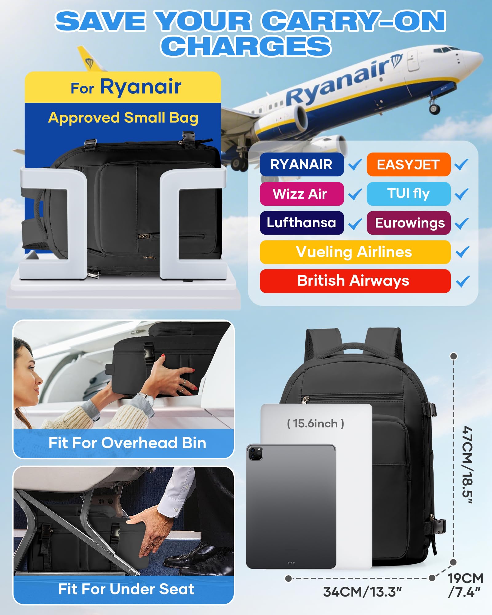 SZLX Zaino Ryanair 40x30x20 Sottovuoto Zaino da Viaggio 40x20x25 Bagaglio a Mano 40x30x20 Wizzair Donna Uomo Borsa da Cabina per Easyjet 45x36x20 Adatto a Laptop da 14 Pollici Impermeabile per Lavoro