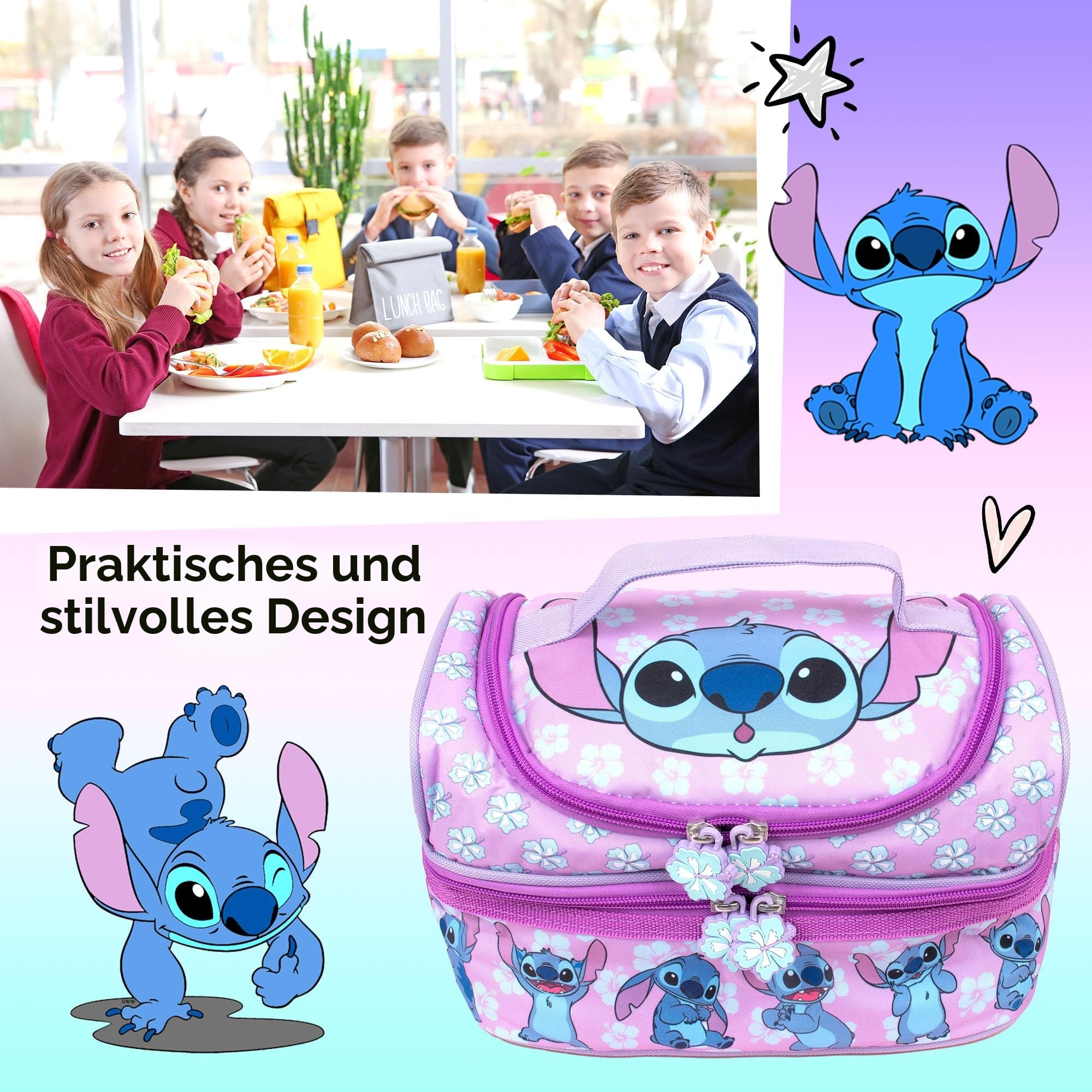 Disney Stitch Lunchtasche mit mehreren Fächern, für Kinder, Schule, thermisch isoliert, Doppeldecker, Lebensmittelbehälter für Mädchen