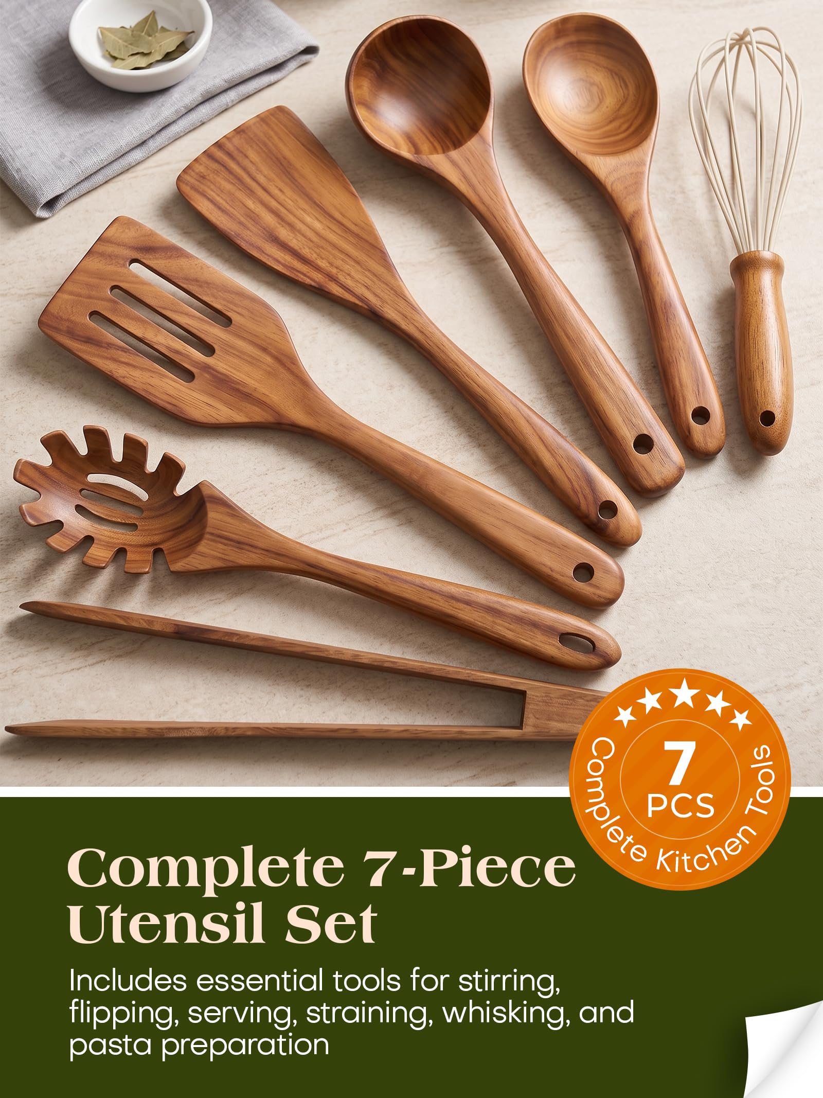 Holzküchenutensilien zum Kochen, Teakholz Kochbesteck Set, Holz Kochlöffel, Pfannenwender antihaft für Kochgeschirr – 7er Set