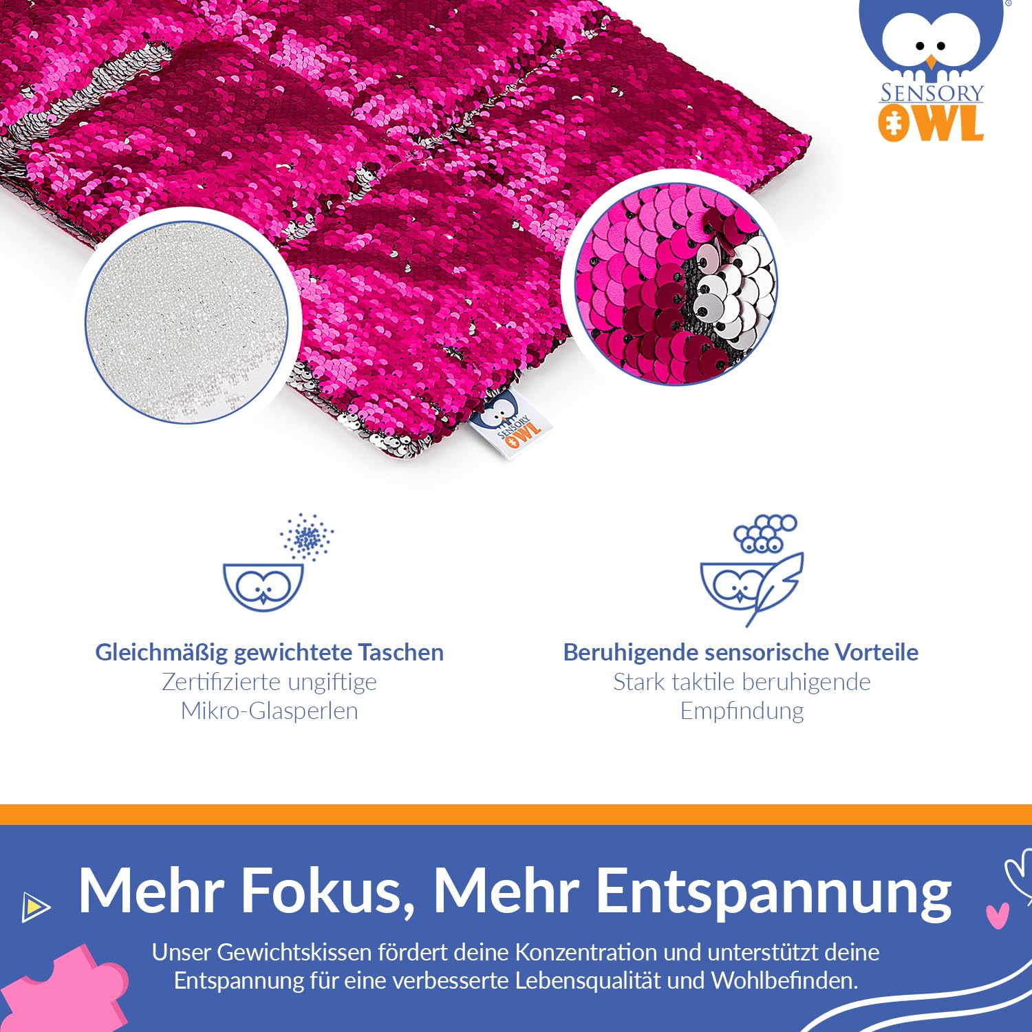 Gewichtskissen Gewichtetes Schoßkissen Beschwertes Kissen Kinder Erwachsene Sensorisch Stressabbau Autismus ADHD Hilfsmittel Pailletten Glasgranulat 30 x 40 cm 4 kg Marineblau Silber