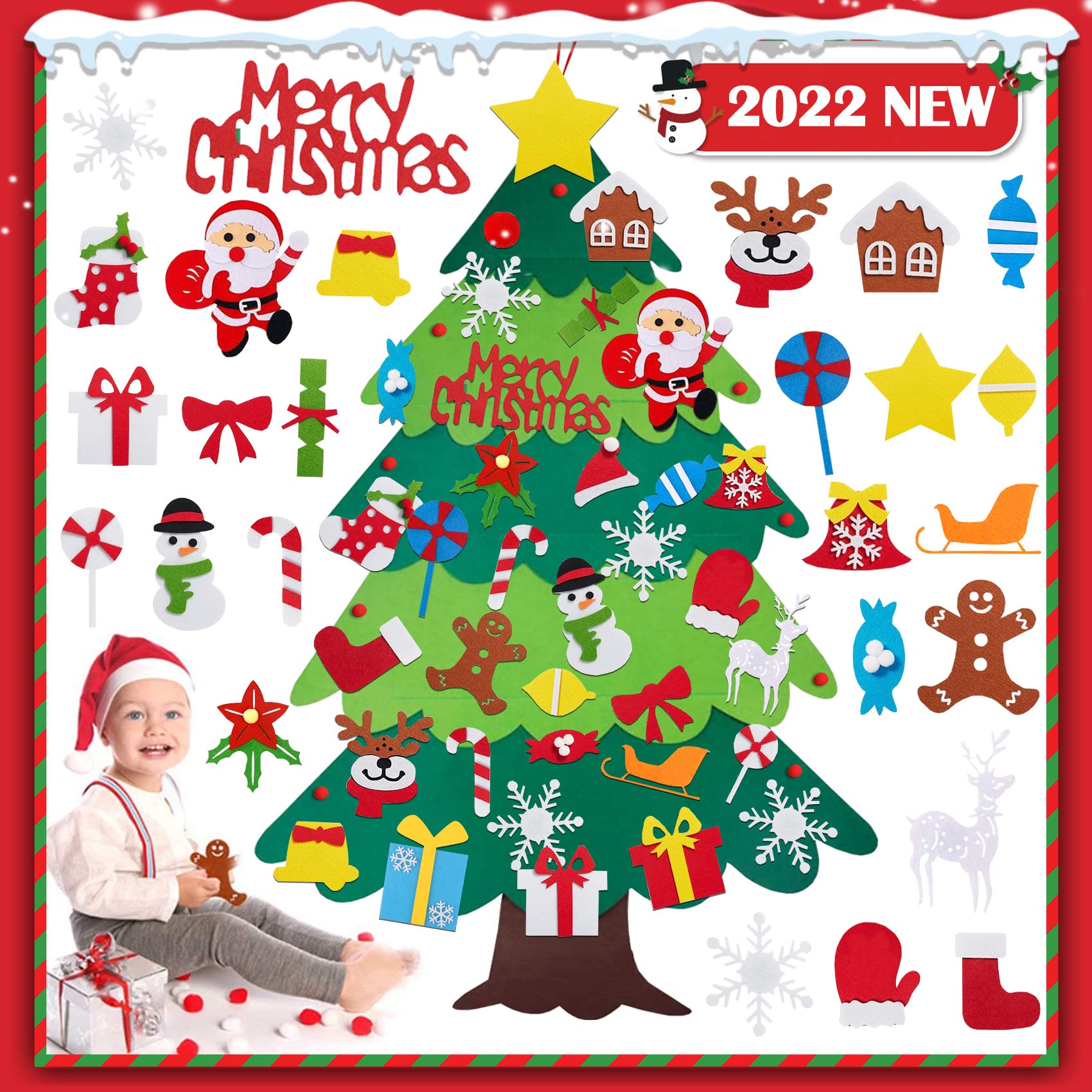 Sapin De Noël En Feutre à Décorer - Kit DIY 98x70 Cm Avec 21 Ornements Et Guirlande LED | Idéal Pour Mur, Fenêtre, Décoration Familiale