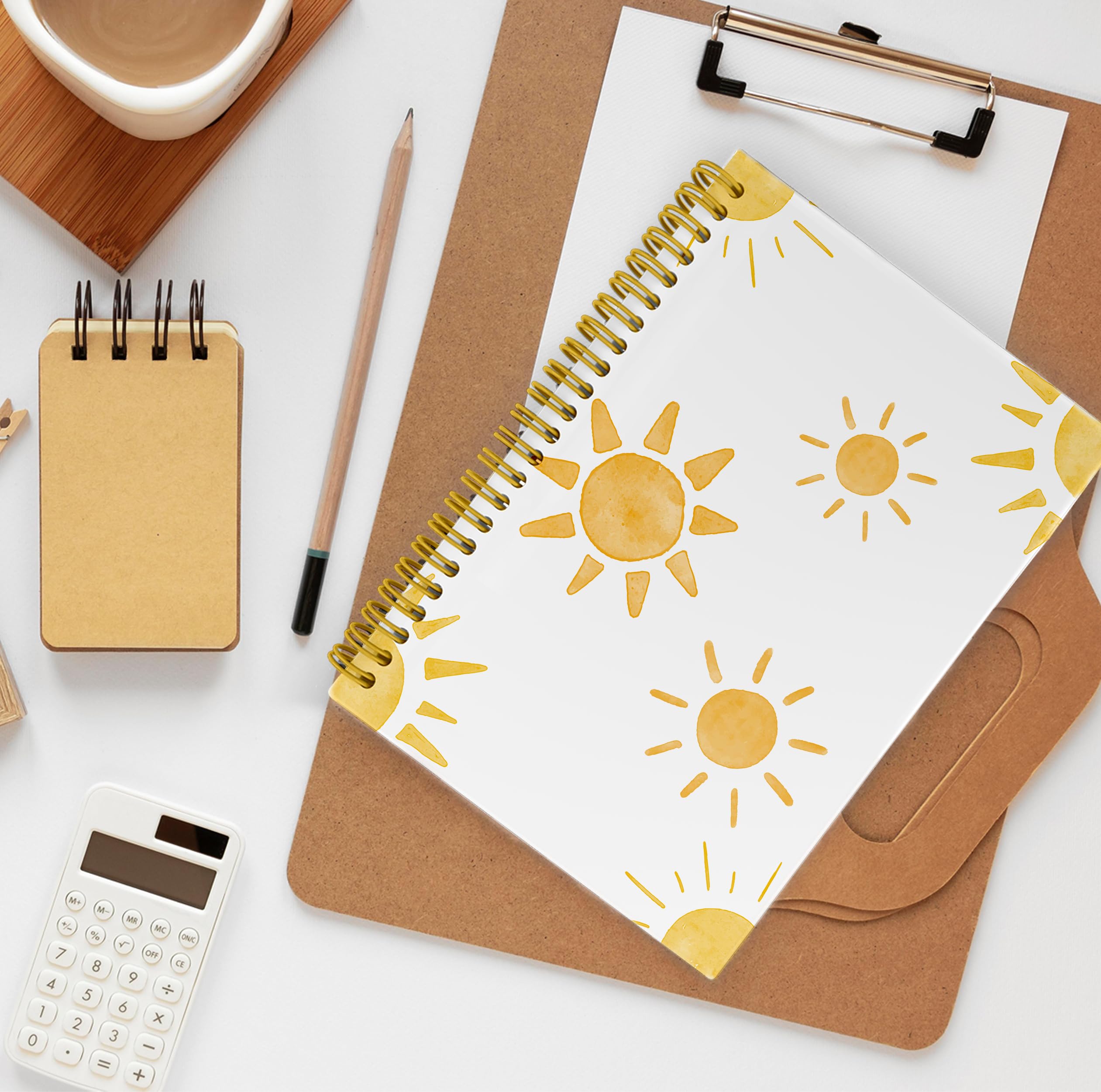 BESERH Cuaderno bohemio amarillo con sol y sol, regalos de sol para mujeres, bonitos cuadernos para oficina, cuadernos para tomar notas, cuaderno en espiral de 5.5 x 8.3 pulgadas con 164 páginas