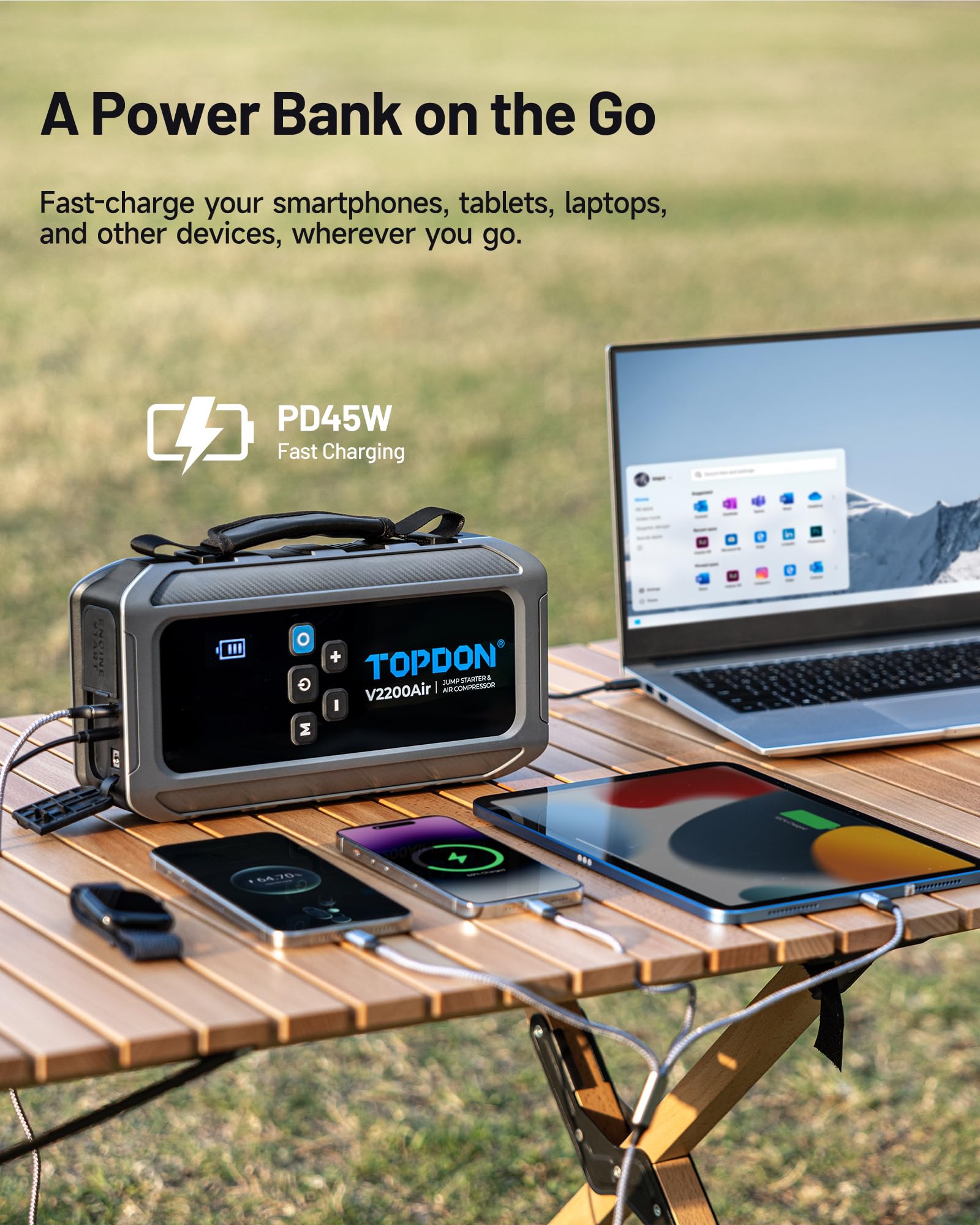 TOPDON V2200Air Power Bank di avviamento per auto con compressore d'aria da 150 PSI, motore diesel da 8 l e benzina da 6 l, avviatore automatico (avvio immediato in 2 secondi), compressore pneumatico