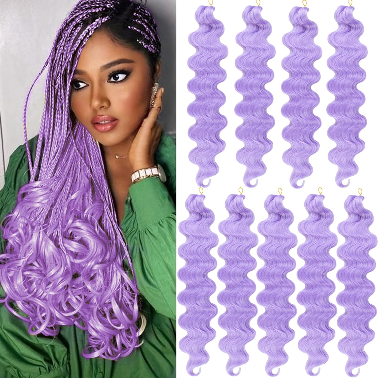 Unionbeauty Pre-Feathered Braiding Hair 24 Inch 9 Packs Light Purple Body Wave Braiding Hair for Boho Box Braids French Curl Wavy Easy Braid Crochet Hair Extensions Synthetic Braiding Hair(Lavender#) 24 Inch (Pack of 9) Light Purple#