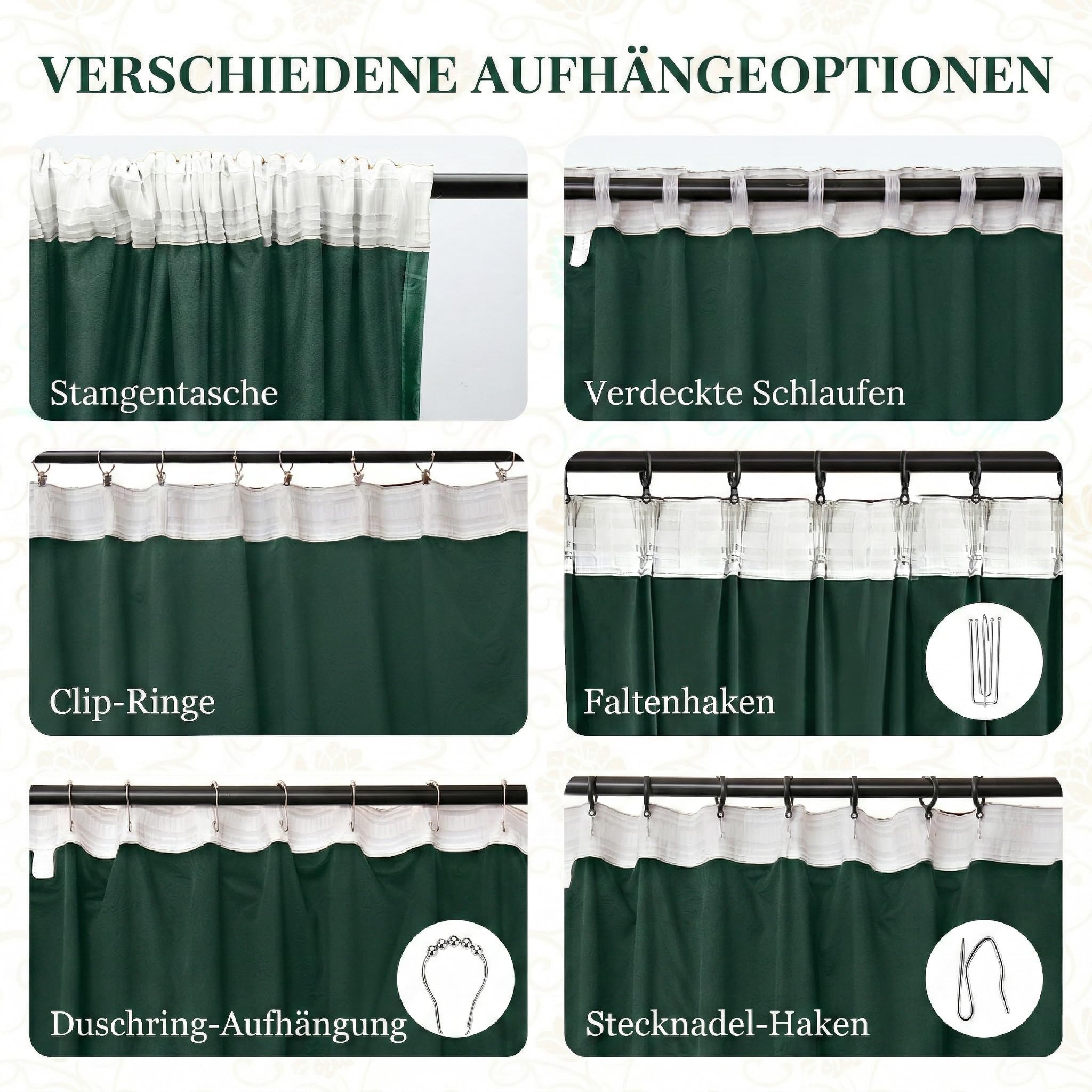 Samtvorhang Kräuselband Blumen Muster 2er Set, H260xB132CM, Luxus Verdunkelung Samt Multifunktionsband Thermovorhang Kälteschutz für Wohnzimmer & Schlafzimmer, 260gsm Velvet Gardinen(Tuscany Green)