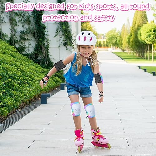 Miniatura 10 de Rodilleras para niños coderas muñequeras con bolsa de malla con cordón juego de equipo de protección 7 en 1 para niñas y niños para patinaje