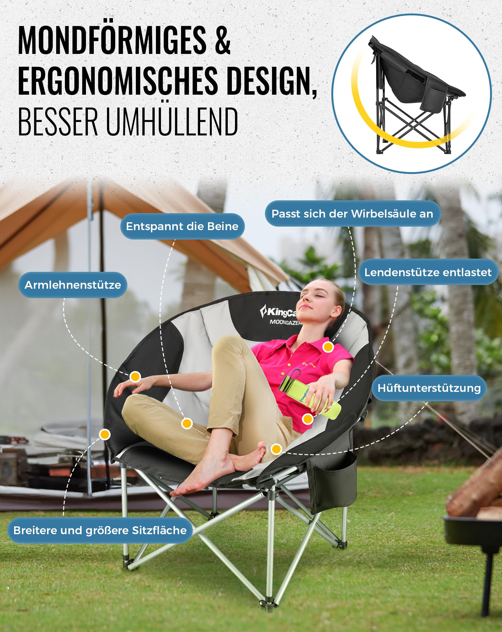 KingCamp 2er Set Moonchair Campingstuhl Faltbar bis 205kg Gepolstert | Tragbar Campingstühle mit Kühltasche, Getränkehalter & Tragetaschen für Camping, Garten, Angeln Outdoor