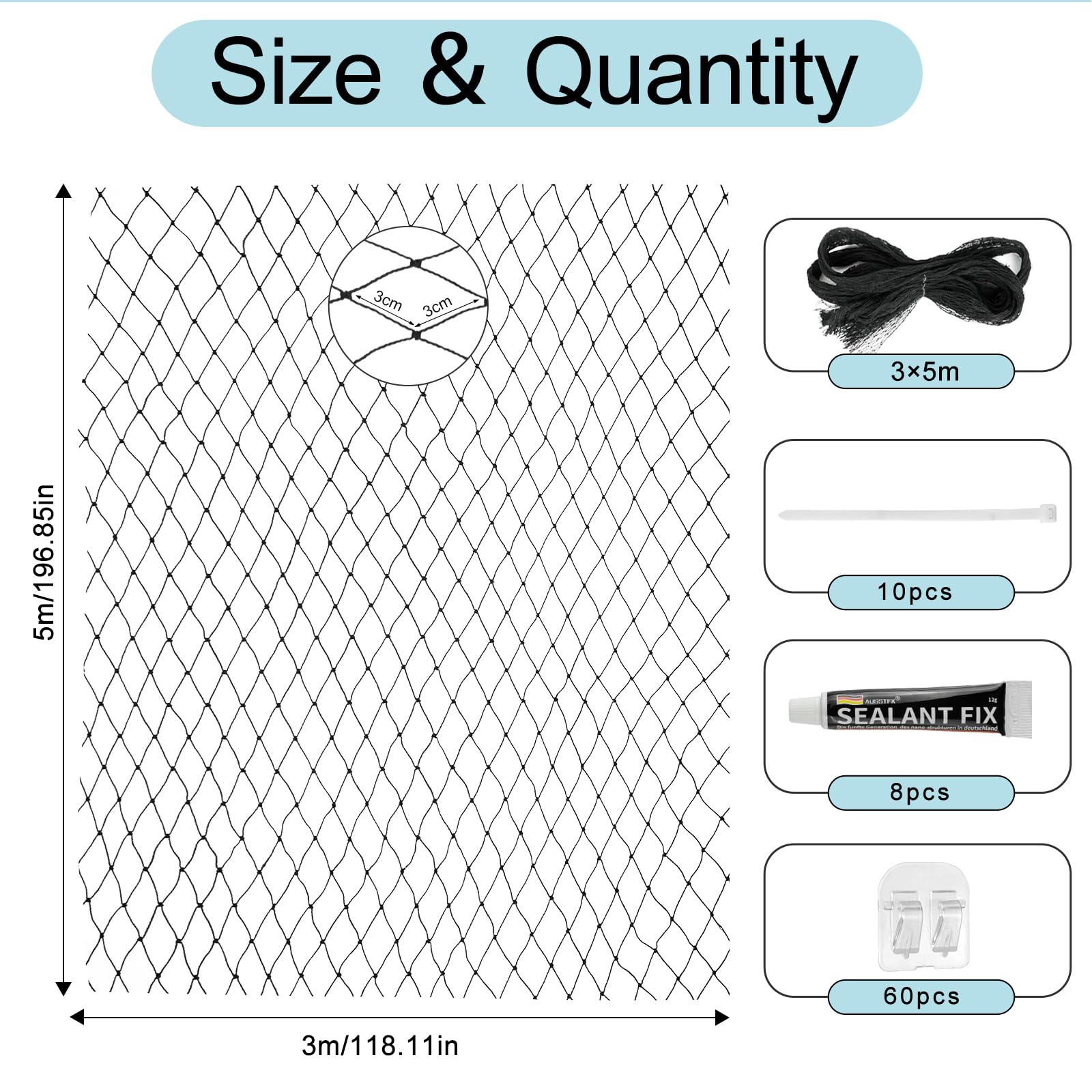 Filet pour chat pour balcon - Sans perçage - Crochet adhésif à encre - Colle en silicone et serre-câbles en nylon - 3 x 5 m - Renforce sans perçage et résistant aux intempéries - Facile à utiliser