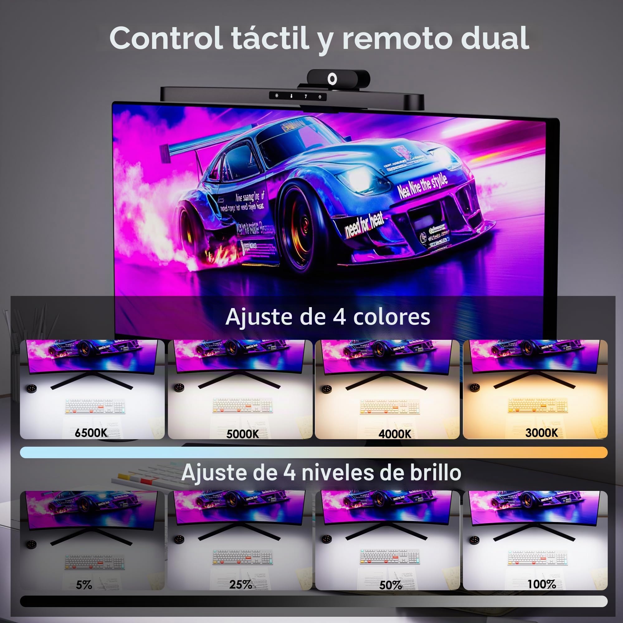 Quntis 45cm Lampara Monitor Curvo con RGB Retroiluminación, Barra Luz Monitor Curvo con Control Dual y Sincronización con la Música, Luz Antiazul, Sin Reflejos Lampara Ordenador para Oficina en Casa