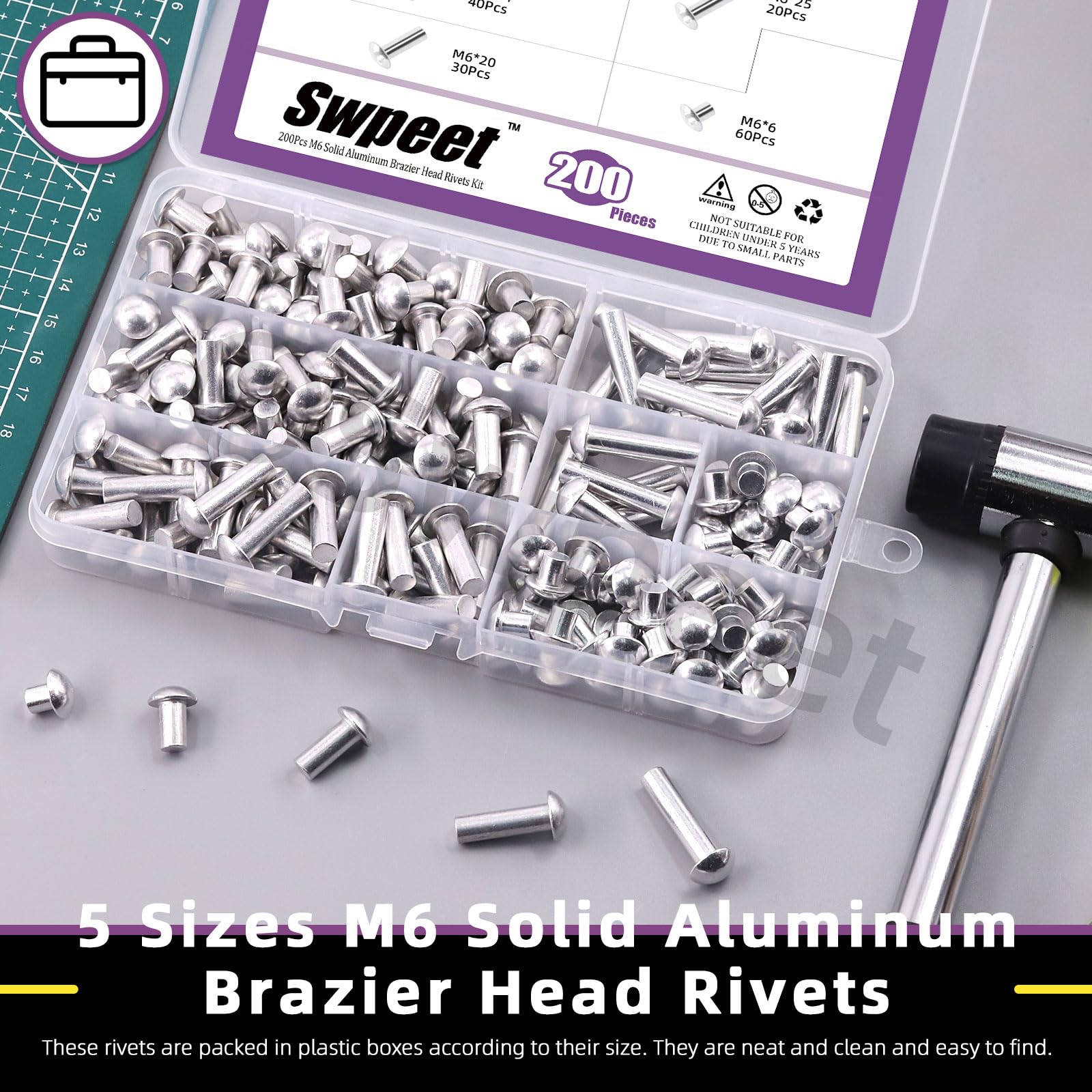 Swpeet 200Pcs M6 × 6mm 10mm 14mm 20mm 25mm Solid Aluminum Brazier Head Rivets, Aluminum Rivet, Plain Finish, Universal Head - Image 3