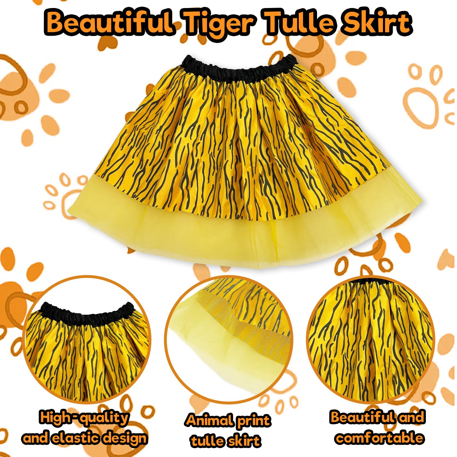 5 Pcs Tiger Costume for Kids Animals Costume for 3-10y Girls, Tiger Stripe Tutu Skirt, Ears, Nose, Tail - Image 4