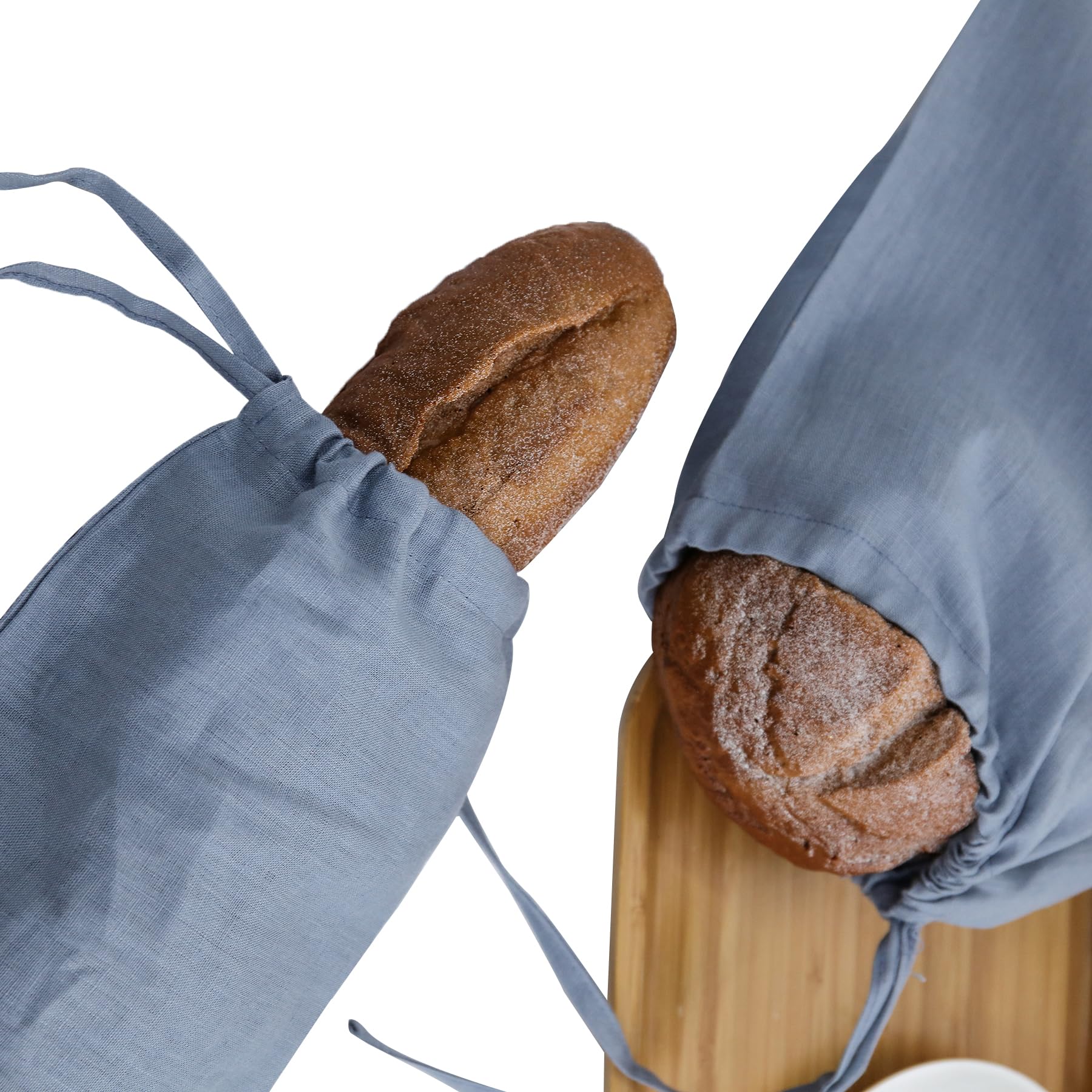 Pure Linen - Juego de 2 bolsas de pan reutilizables con cordón, almacenamiento de pan de baguette de masa madre, mezclilla