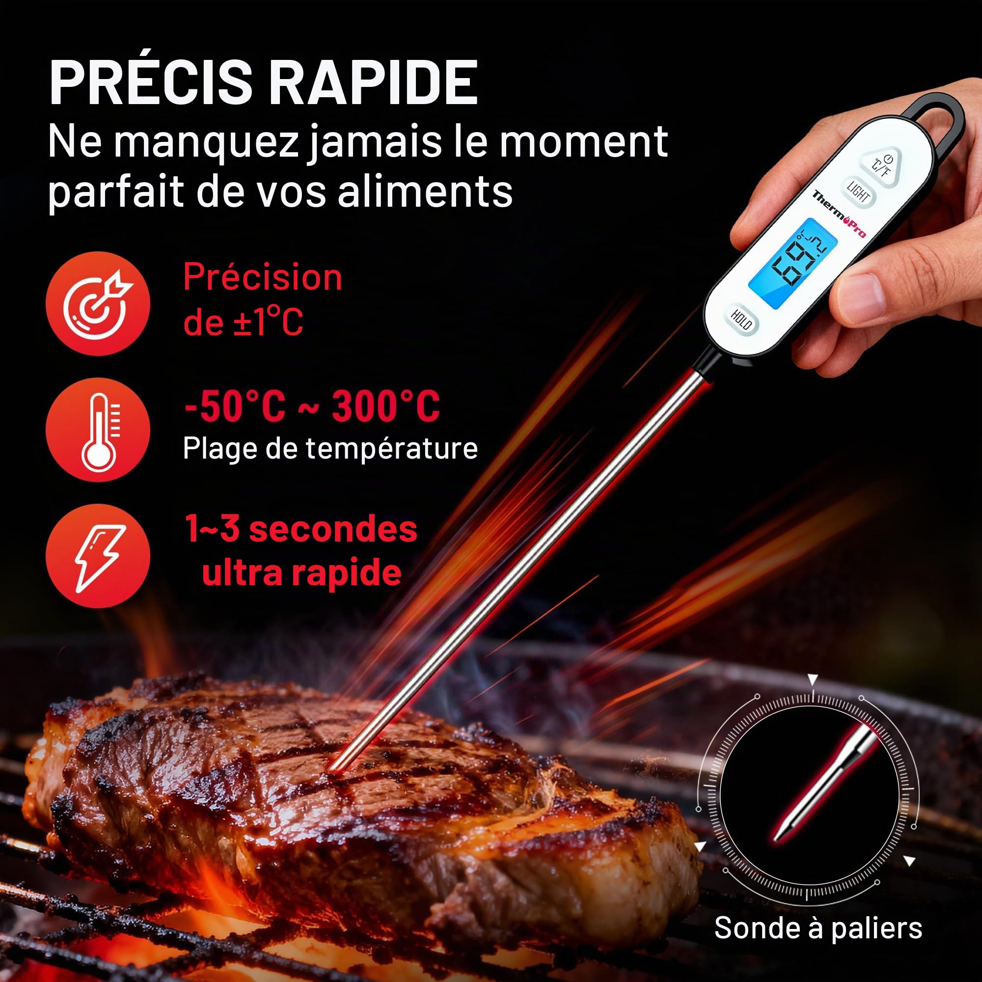 ThermoPro Thermomètre à viande numérique avec sonde pliable - Thermomètre de cuisson pour fumoir, barbecue