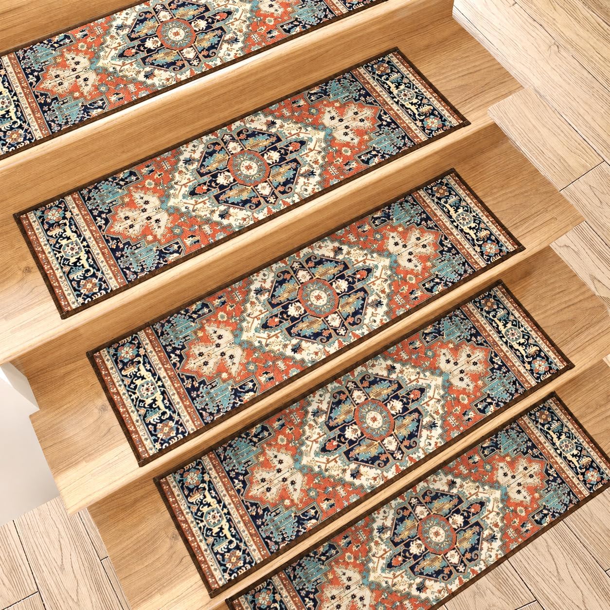 GIB Carpet Stair Treads for Wooden Steps Indoor Stair Runner 15 Pack 8"x30" | Non Slip, Peel and Stick, Self Adhesive, Staircase Step Treads, Stair Covers Rugs for Kids Elders and Pets, Boho Oriental