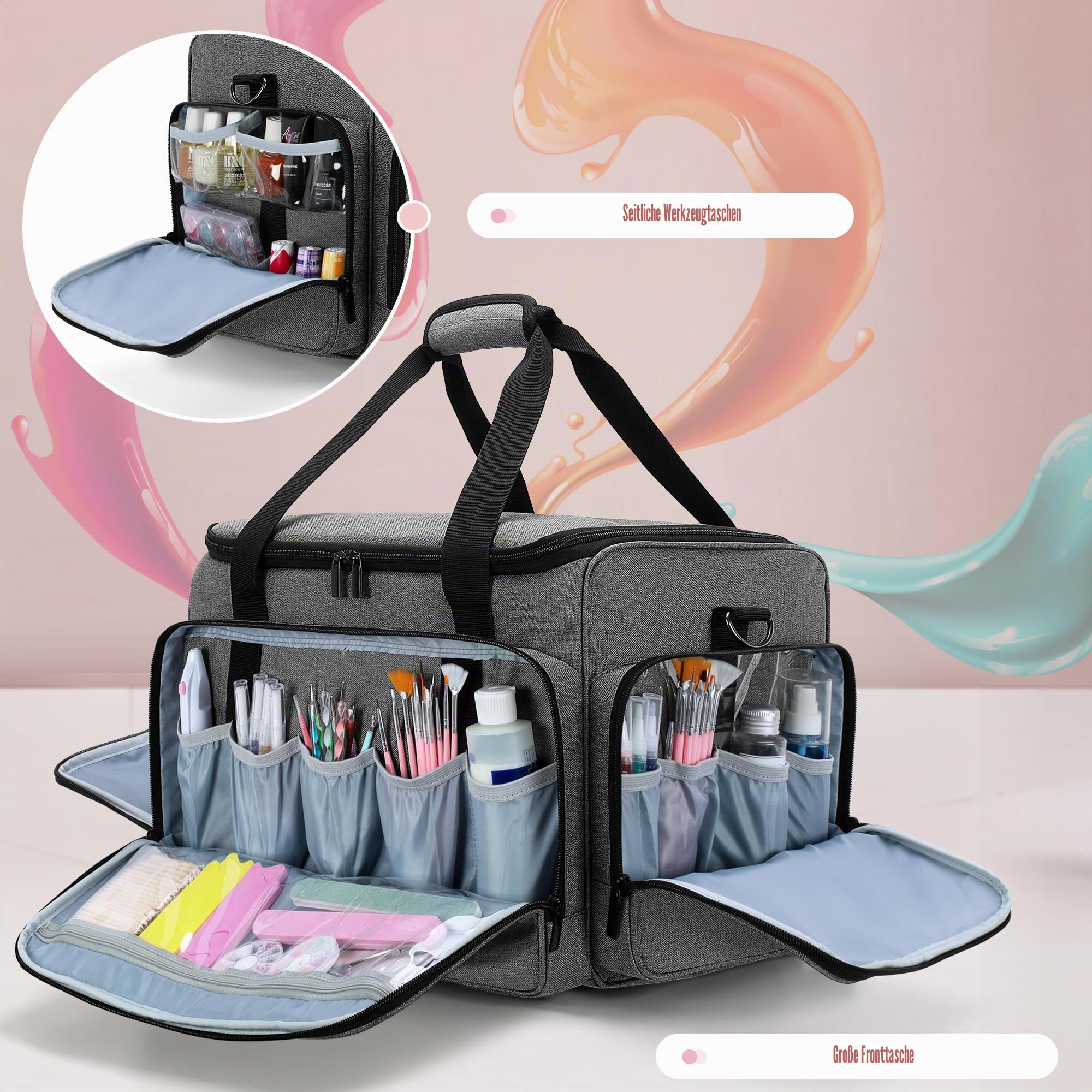 Luxja Kosmetik Trolley für 90 Flaschen Nagellack, Nagellack Koffer mit Rollen für Zubehör, Kosmetikkoffer für Nagellampe und Maniküreset, Grau