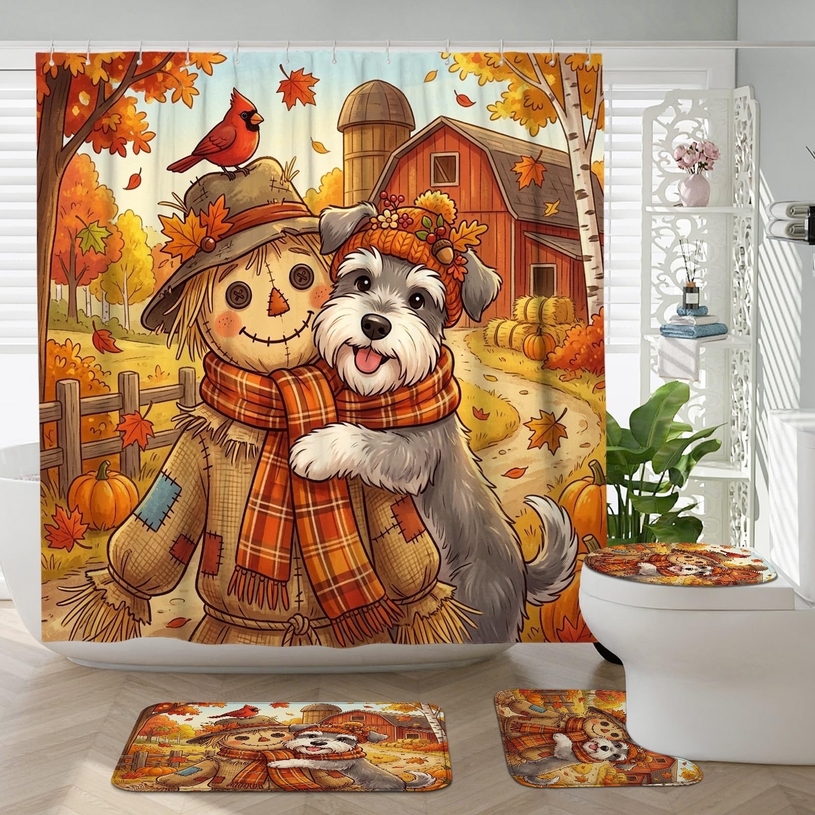 Accessoires de salle de bain schnauzer et épouvantail d'automne avec tapis WC et rideau 183x183cm
