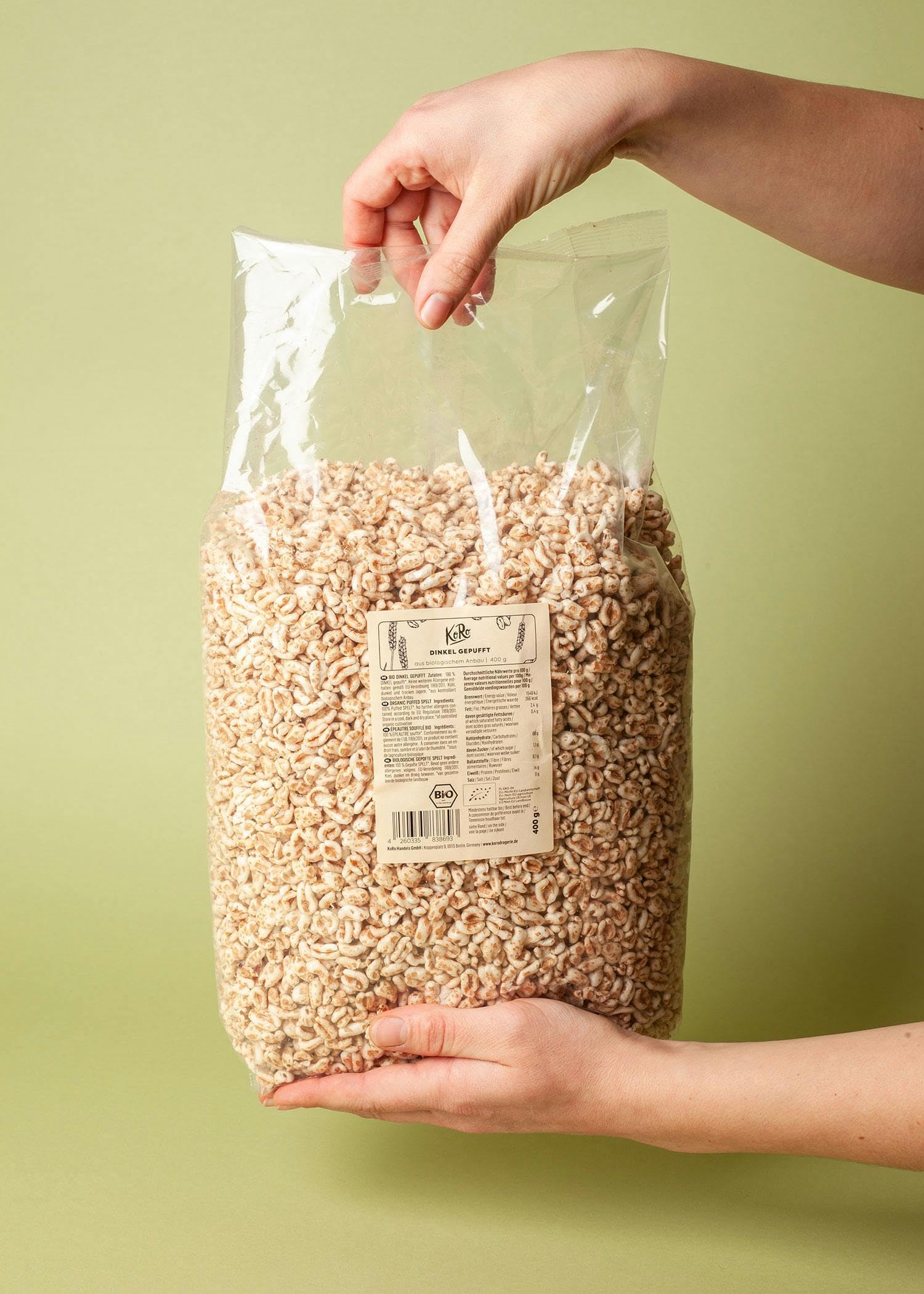 KoRo - Farro soffiato bio 6 x 400 g - Senza zuccheri aggiunti - 100% bio e vegan - Cereali soffiati senza additivi - Nel latte o come base per barrette e porridge
