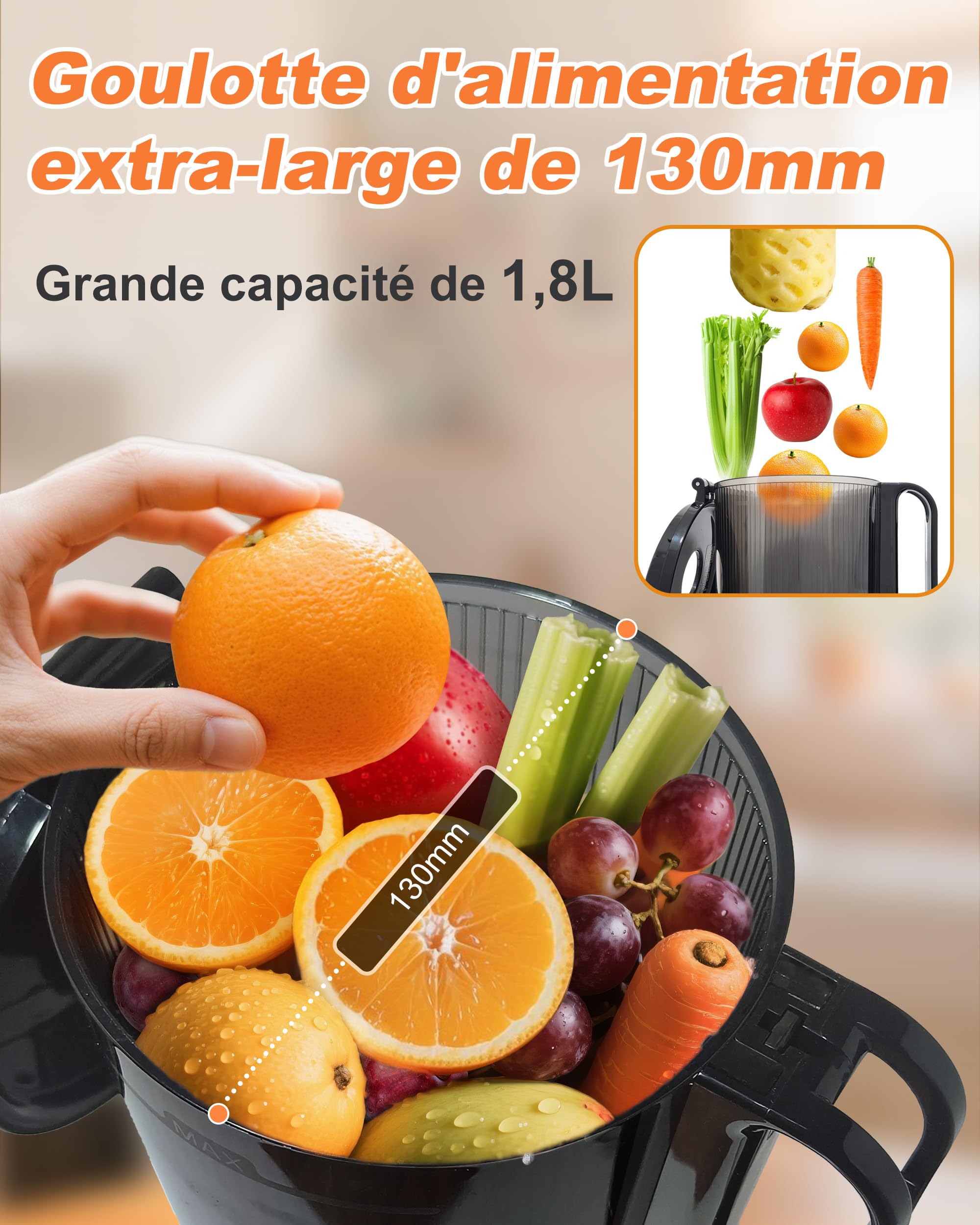 Charmline Extracteur de Jus de Fruits et Légumes avec Goulotte d'Alimentation de 130mm, Facile à nettoyer, Grande capacité de 1,8 L