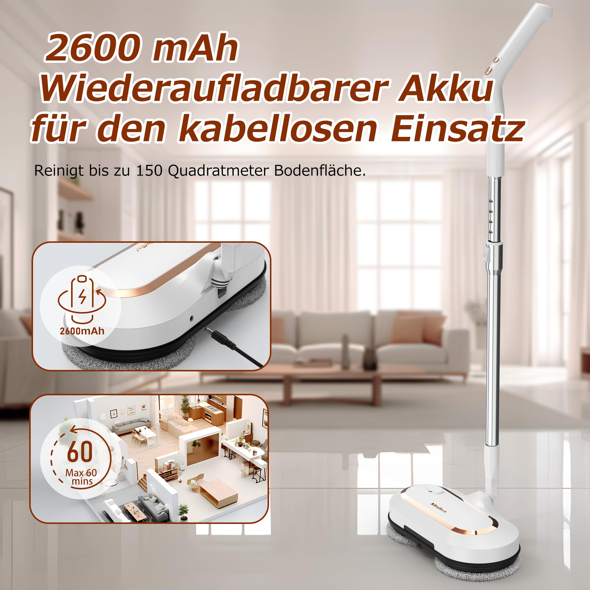 AlfaBot S2 Kabellos Elektrischer Mopp, bodenreiniger Spin Mop, Elektrischer Mop mit Sprühfunktion und LED, Bodenwischer zum Wischen, Schrubben und Polieren