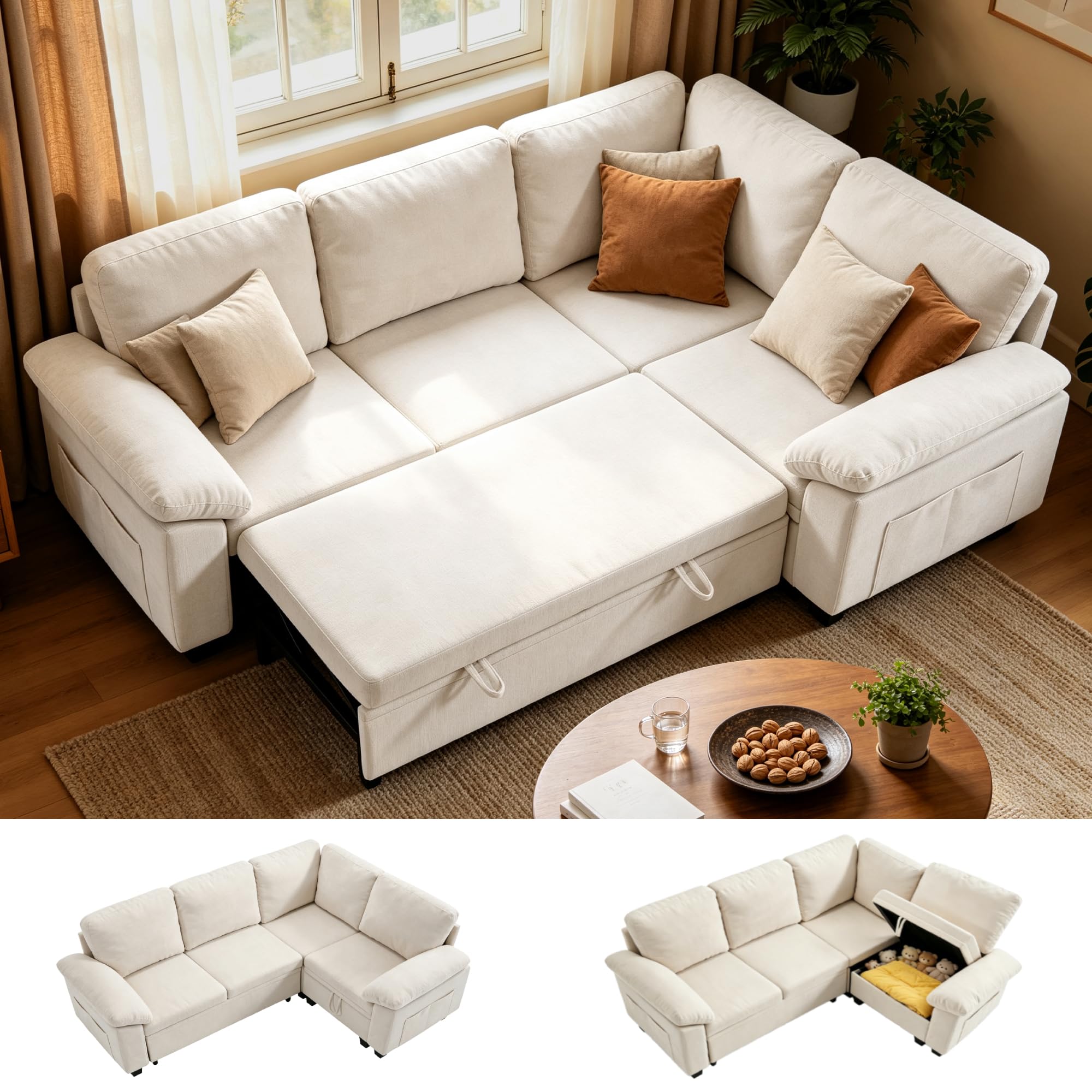 86" L-Shaped Sectional Sleeper Couch, Modular Pull-Out Storage Sofa Bed | MastonHome Convertible 4 Seat Cloud Couch with Pillow Armrests, Chenille Fabric, for Living Room, Apartment, Beige