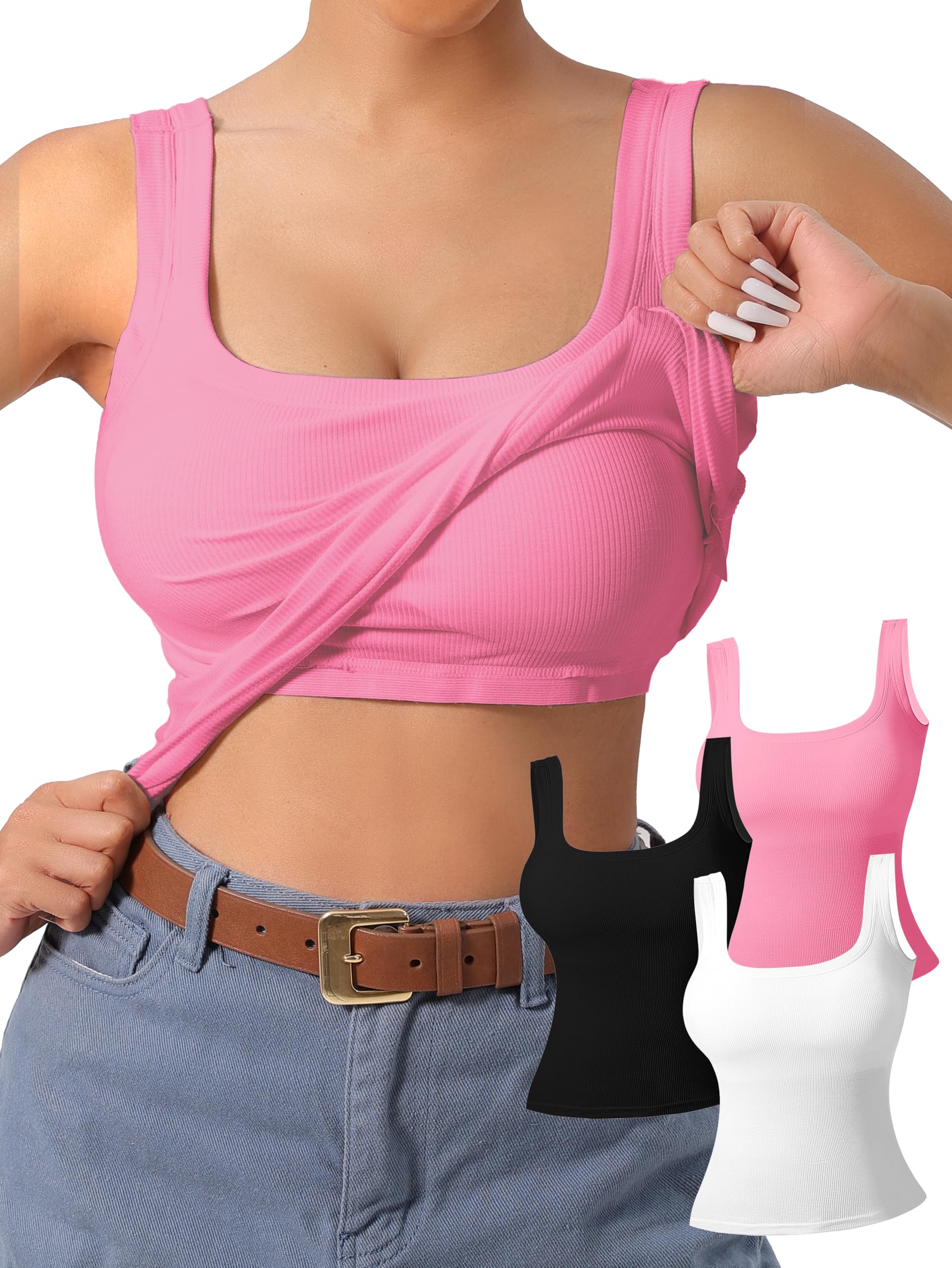Canotta da donna con retro a U, confezione da 3, reggiseno integrato, imbottiture rimovibili per palestra, yoga e attività all'aperto, comfort di lunga durata