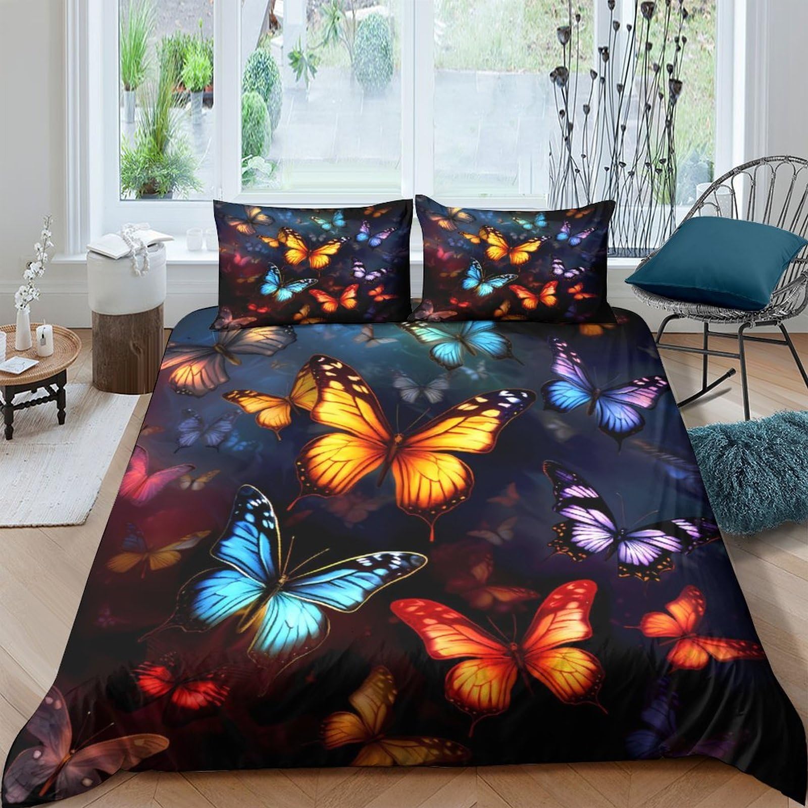 TUFRTGYHN 3D Printed Colorful Butterfly Duvet Cover Microfiber Soft Breathable Night Glow Quilt Cover Set with 2 Pillowcases for Bedroom Decor Single（135x200cm）