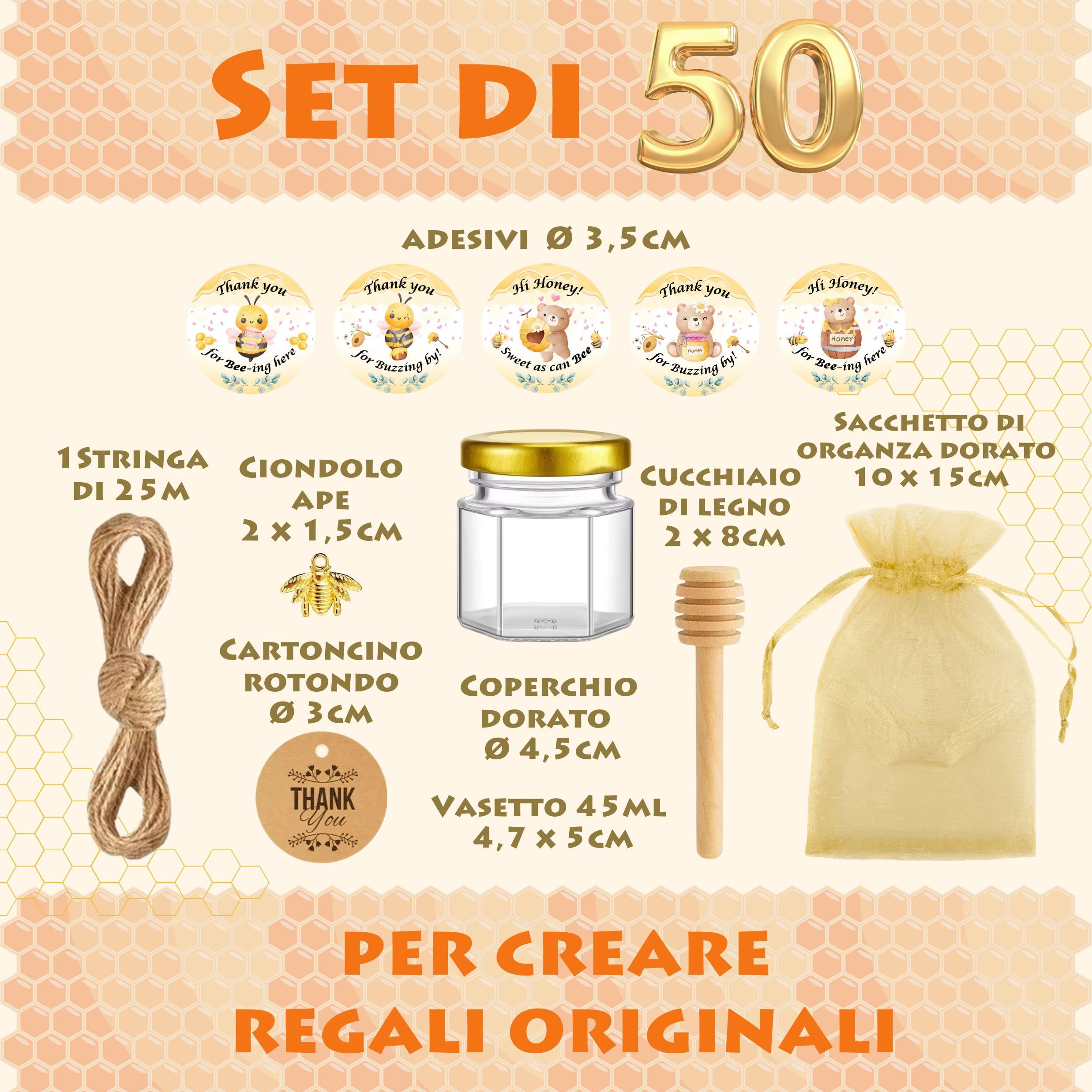 Luna & Dina Set di 50 mini vasetti di miele in vetro con coperchio dorato, cucchiaino per miele, ape, etichetta, spago, sacchetto in organza, adesivi, regalo per gli ospiti di nozze (Premium)