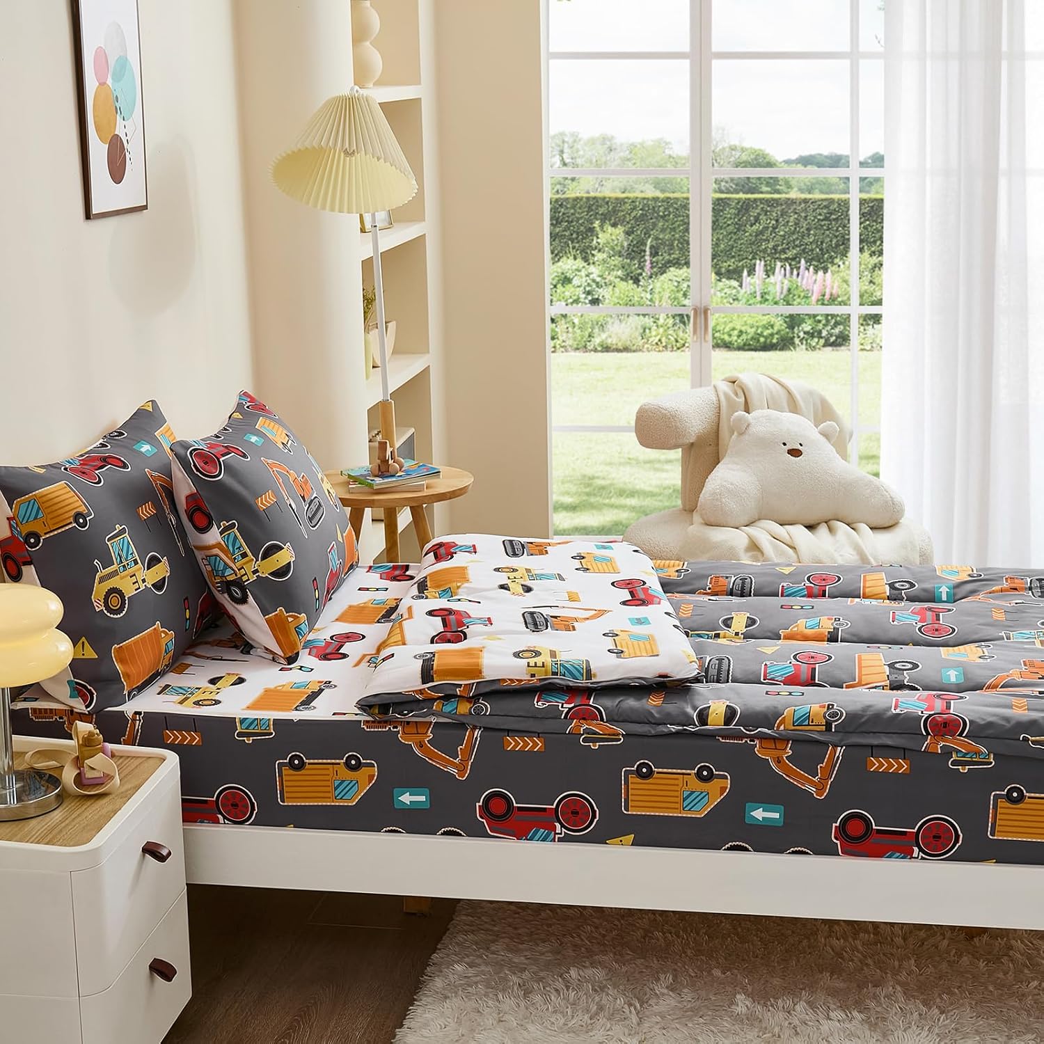 Anibedding 3Pcs Zip Up Bedding Comforter Set for Boys, Grey Vehicle All in One Zipper Twin Bedding Set with Pillowcase for Kids - Image 6