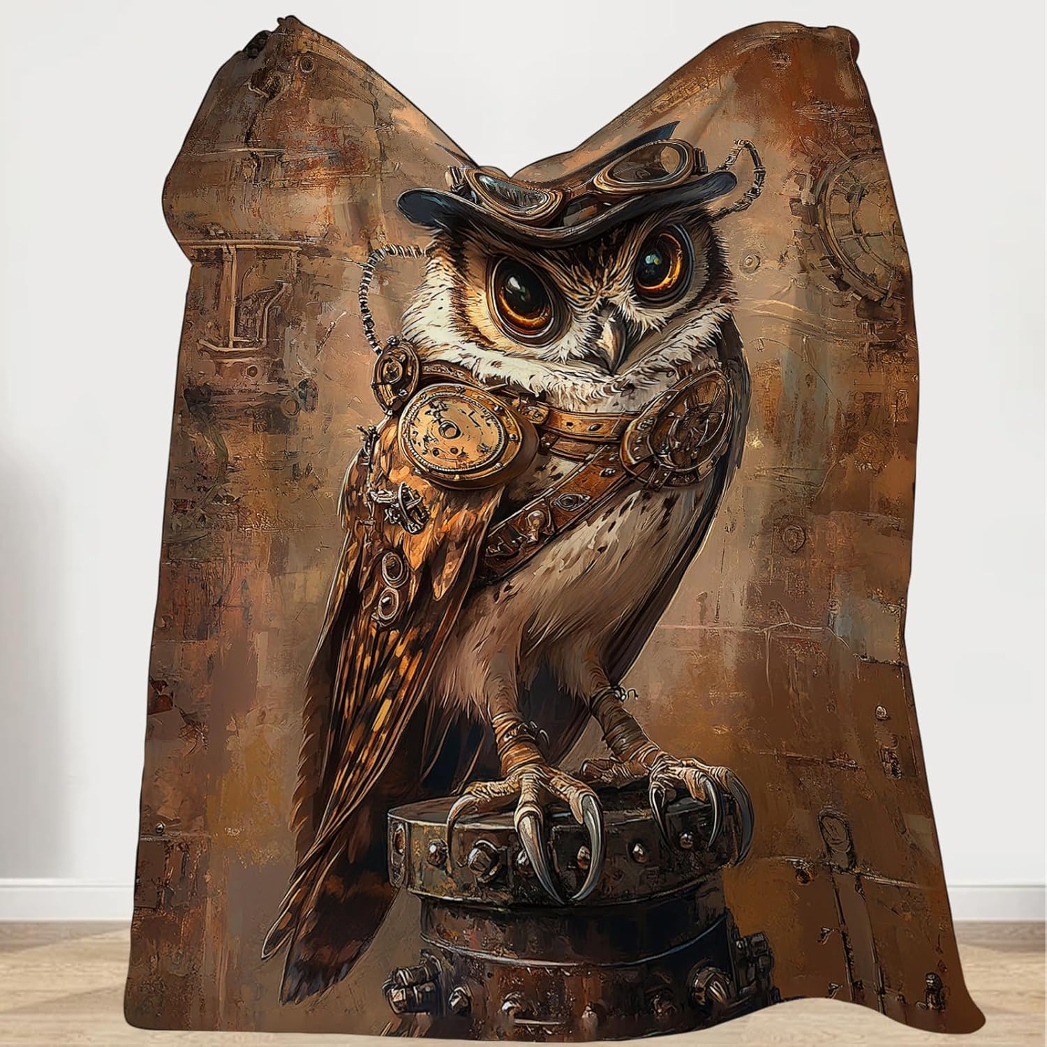 Retro Owl Blanket, Steampunk Throw Blanket, Owl Gifts, Vintage Blankets, Owls Stuff Fleece Flannel Plush for Women Men Boys Girls Lovers Adults Soft Bedding for Sofa Bed Office Home Decor 80"X60"
