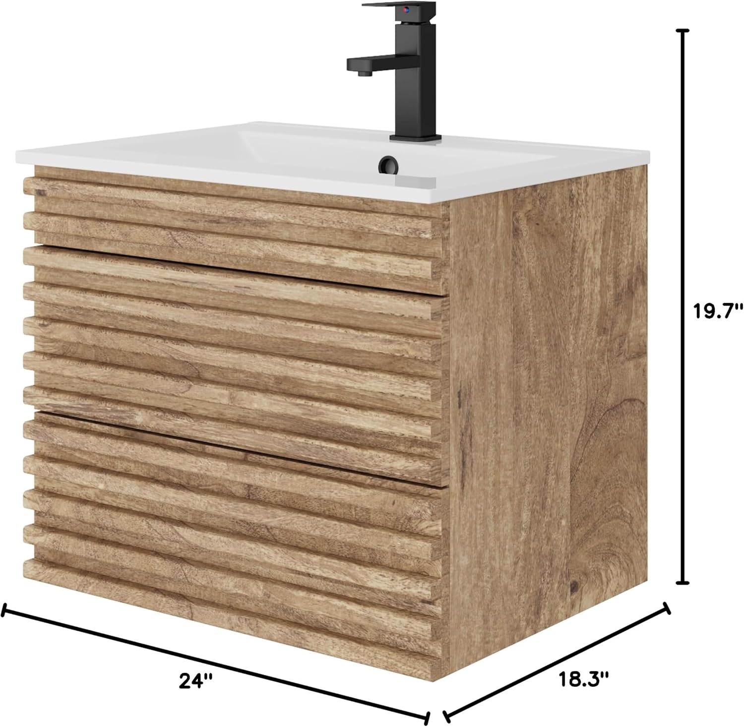 LUCKWIND 24" Floating Bathroom Vanity with Sink, Mid-Century Wall Mounted Big Drawer Cabinet with Ceramic Sink, Water Saving Faucet and Wood Stripes Style, Oak