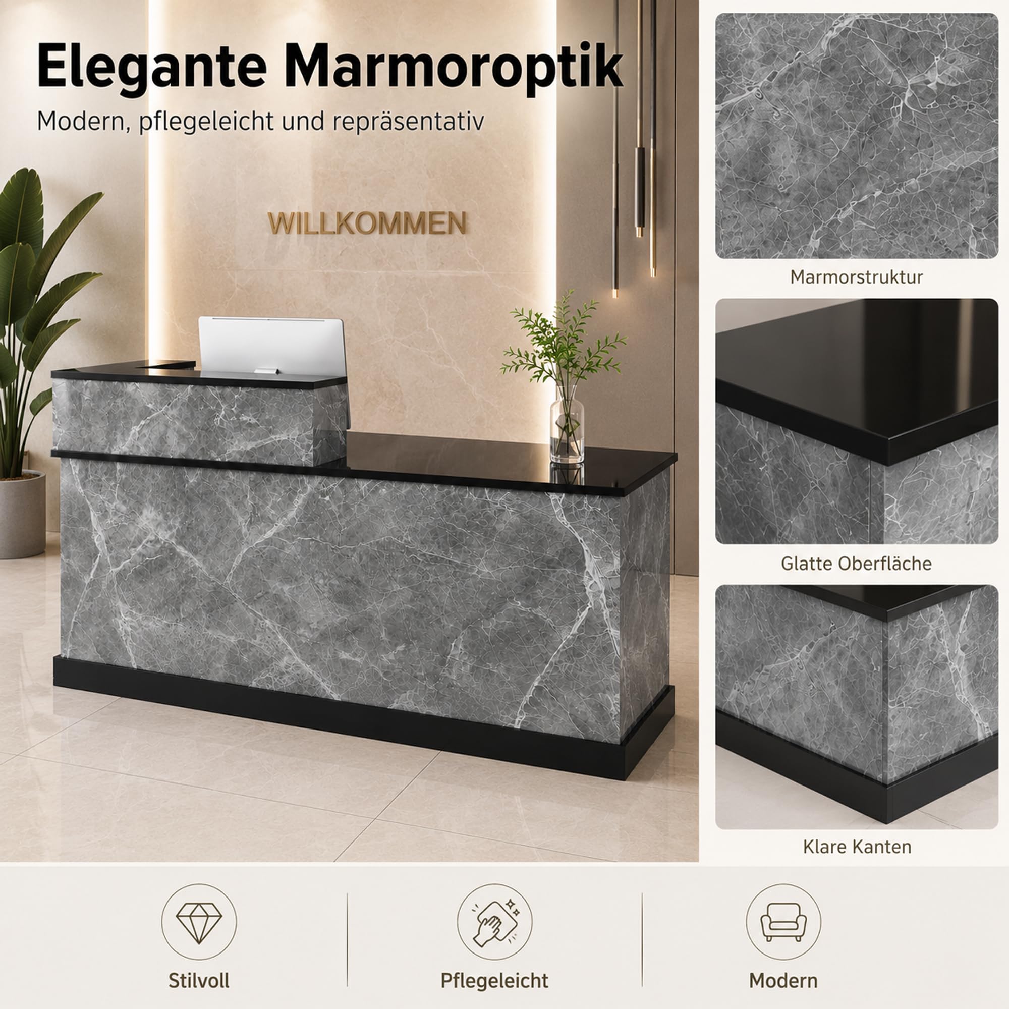 JSLJDM Empfangstheke 160 cm mit Stauraum, Moderne Theke in Marmoroptik, Empfangstresen für Büro, Praxis, Salon und Geschäft Left