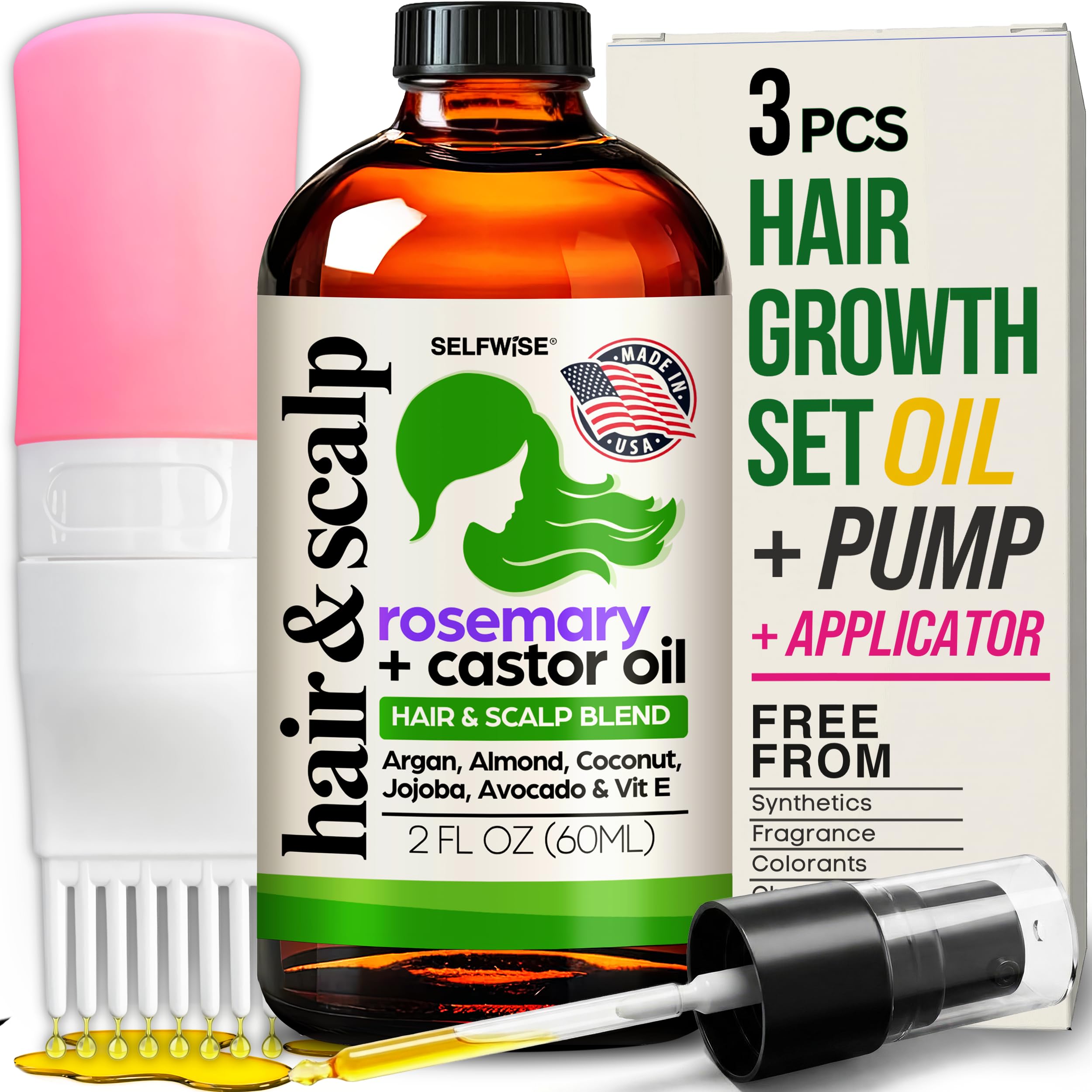 Organic Rosemary Oil For Hair Growth + Applicator with Castor, Argan, Coconut, Almond, Jojoba, Avocado, Vitamin E & Peppermint for Hair & Scalp Treatment, All Hair Types, Men & Women 2oz