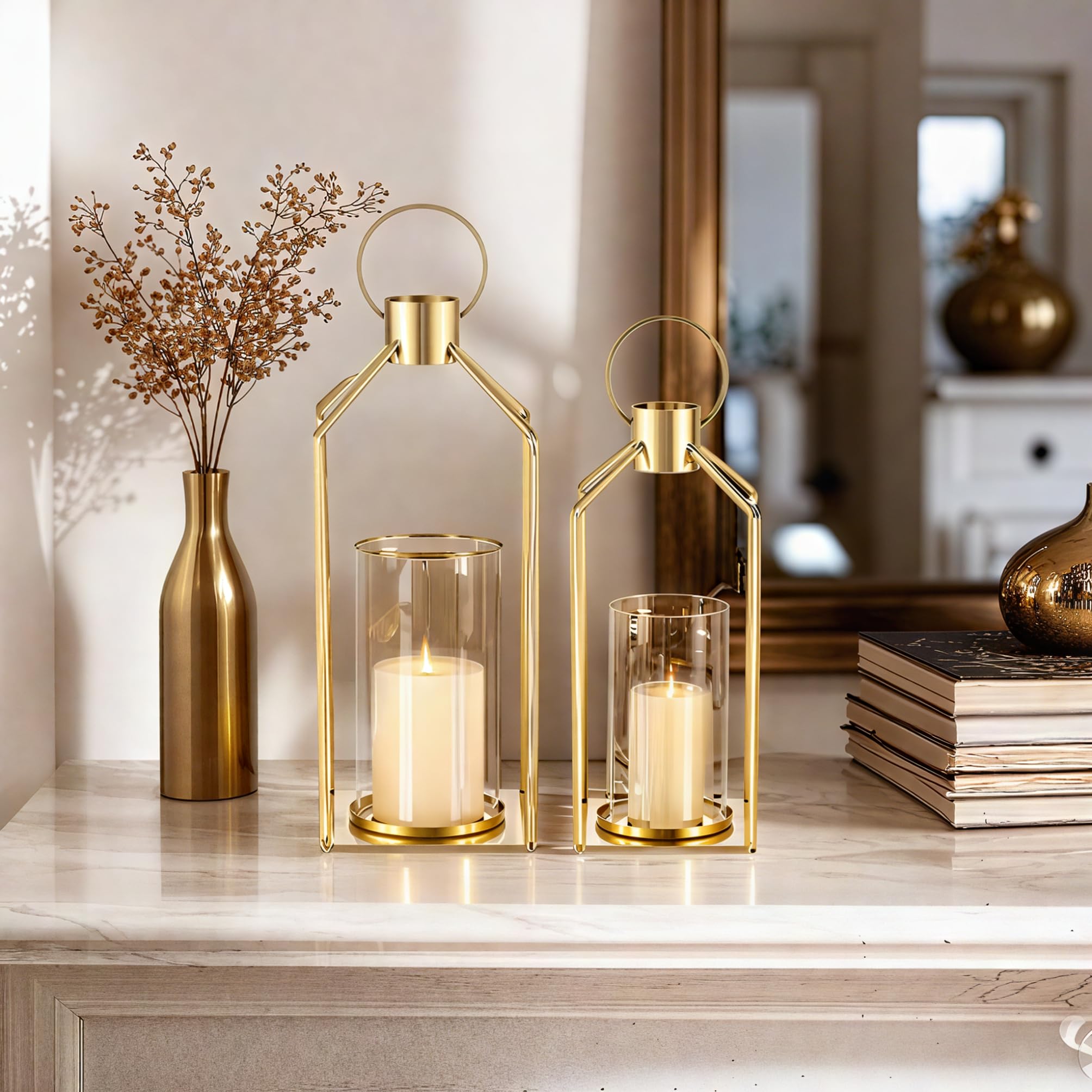 Portacandele in oro con cilindro in vetro: set da 2 candelabri, portacandele antivento, decorazione moderna per matrimoni, soggiorno, armadio