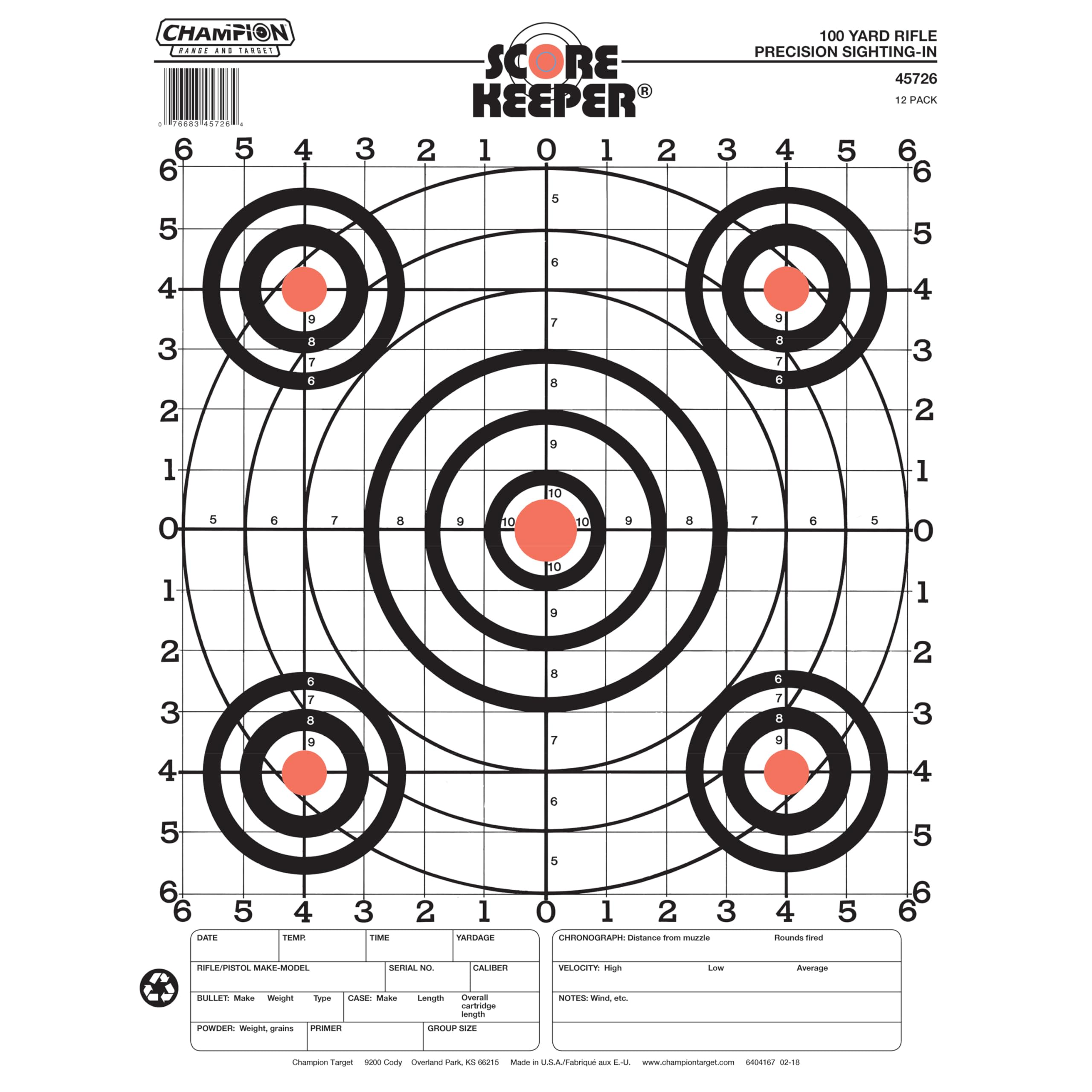 Champion Range and Target Score Keeper Fluorescent Orange Bull 100-yard Sight-In Rifle Target (Pack of 12) (45726)