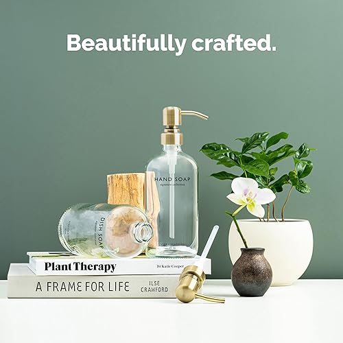 Miniatura 2 de Vine Creations Juego de dispensador de jabón de vidrio transparente, dispensador de jabón para platos y jabón de manos con bomba de acero