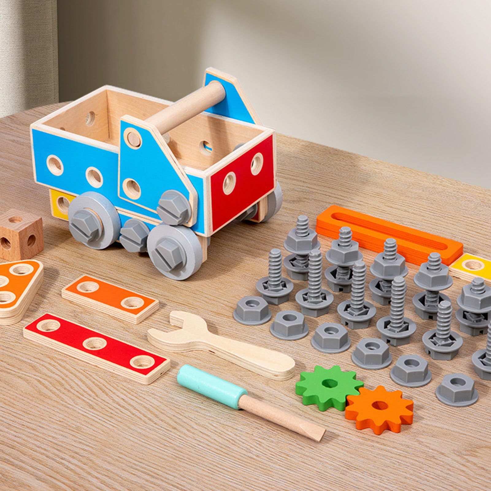 Giocattolo da costruzione camion in legno con dadi e bulloni Montessori
