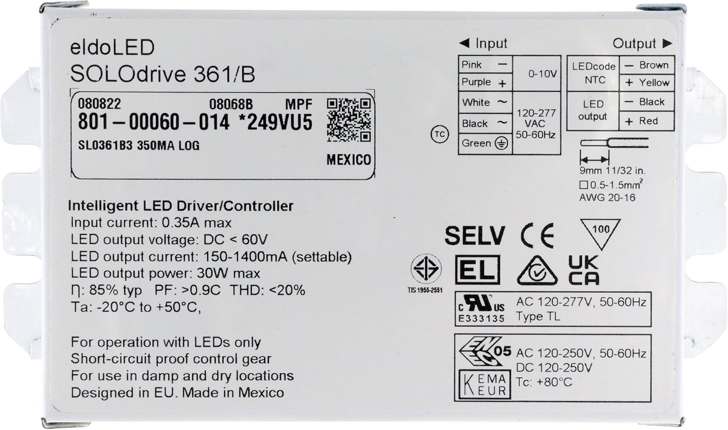 SOLOdrive-361/B Intelligent LED Driver/Controller, 60Vdc, 150-1400MA, 30W, 120-277V