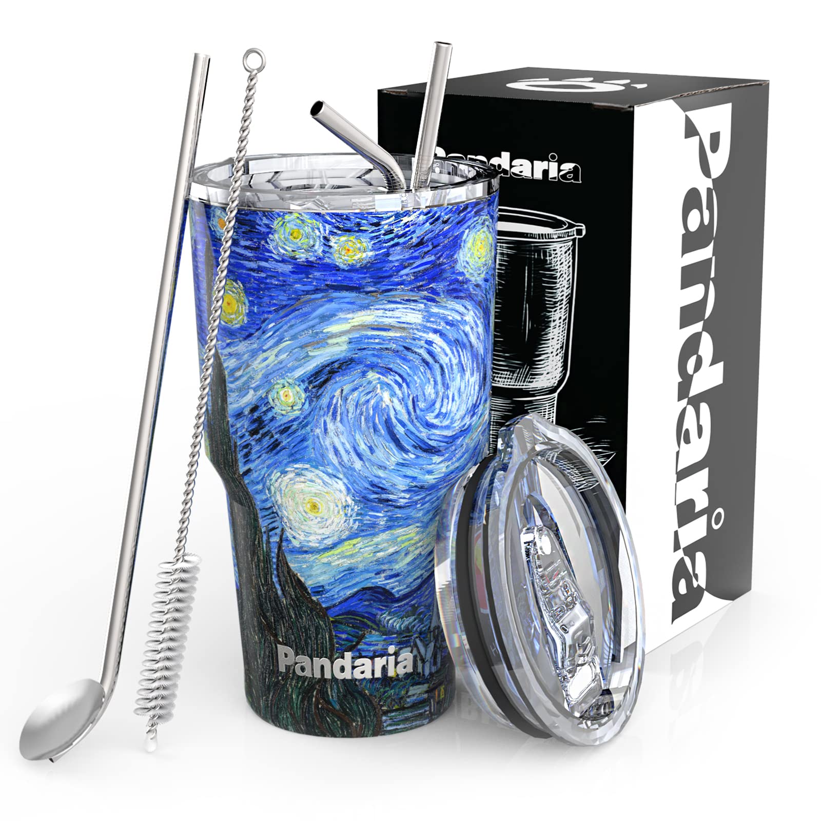 30 oz Tumbler Cup with Lids and Straws, 100% Leak-Proof, Cupholder Friendly Insulated Cup with Straw, Double Wall Coated Stainless Steel Tumbler, Ideal Gift for All Occasions (Starry Night)