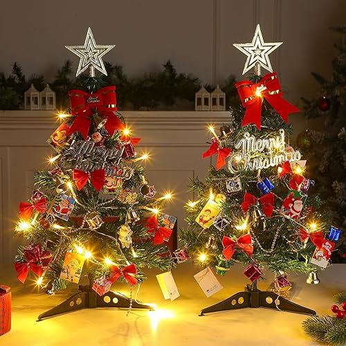 Miniatura 3 de Hiboom 2 piezas de mini árbol de Navidad de 24 pulgadas con luces LED, estrella preiluminada de mesa, árbol de Navidad, cajas de regalo, adornos