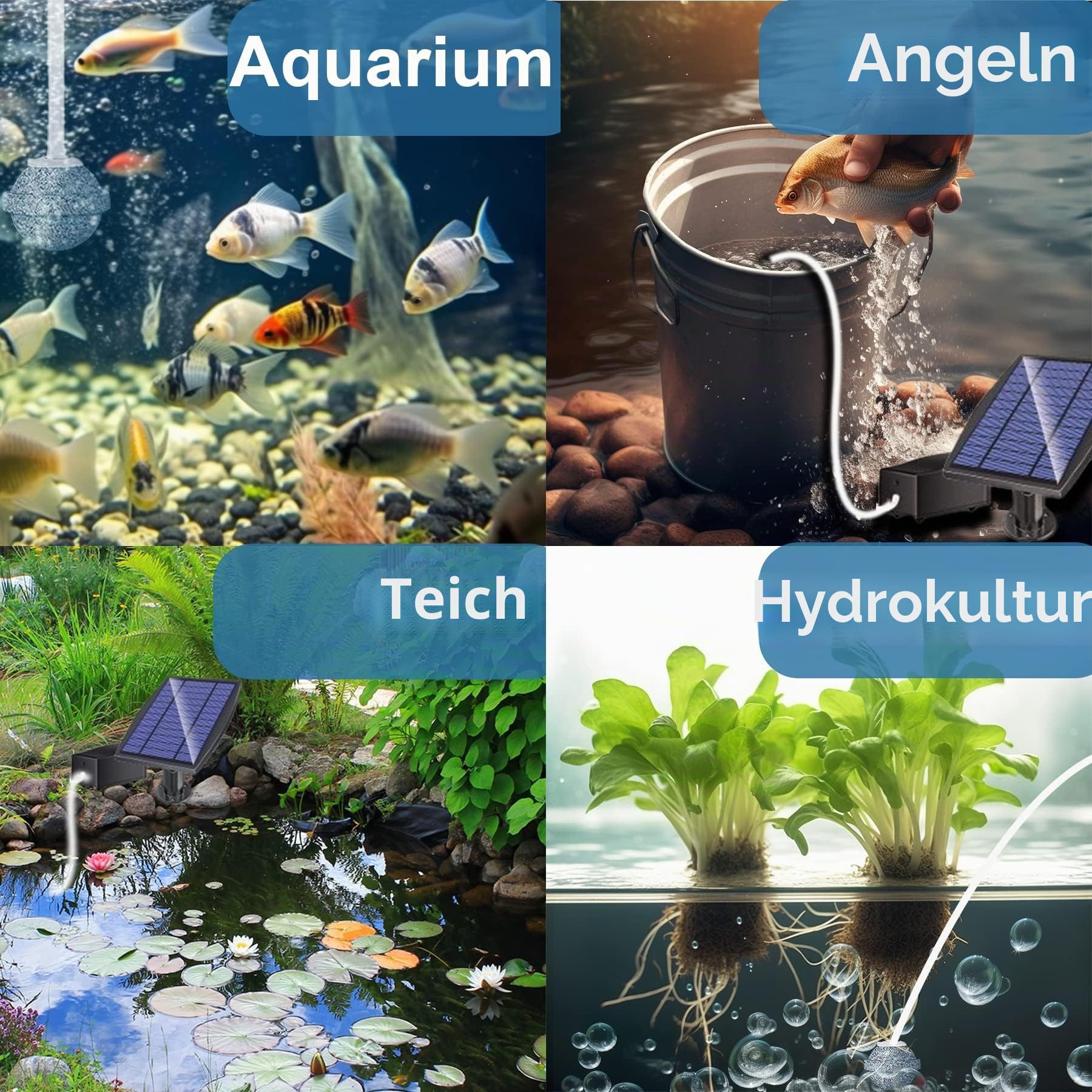 Solar Sauerstoffpumpe, 2,5 W Solarbelüfter für Teich mit 1800 mAh Batterie-Backup, 3 Modi Sauerstoffpumpe, Hydrokultur-Luftpumpe, geeignet für Outdoor-Angeln, Teiche, Aquarien