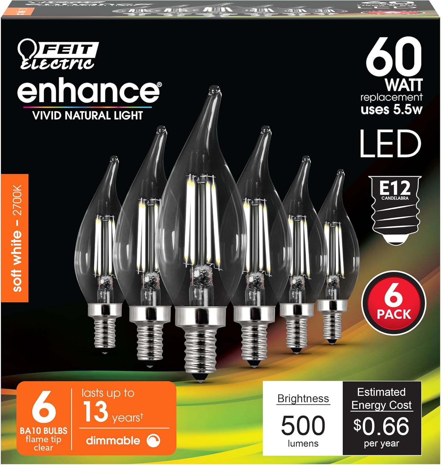 Feit Electric 60-Watt Equivalent BA10 LED Light Bulb, Dimmable Enhance Glass Candelabra Filament, 500 Lumens, 13 Yrs. Lifetime, 2700K Soft White, 6-Pack - CFC60/927CA/FIL/6