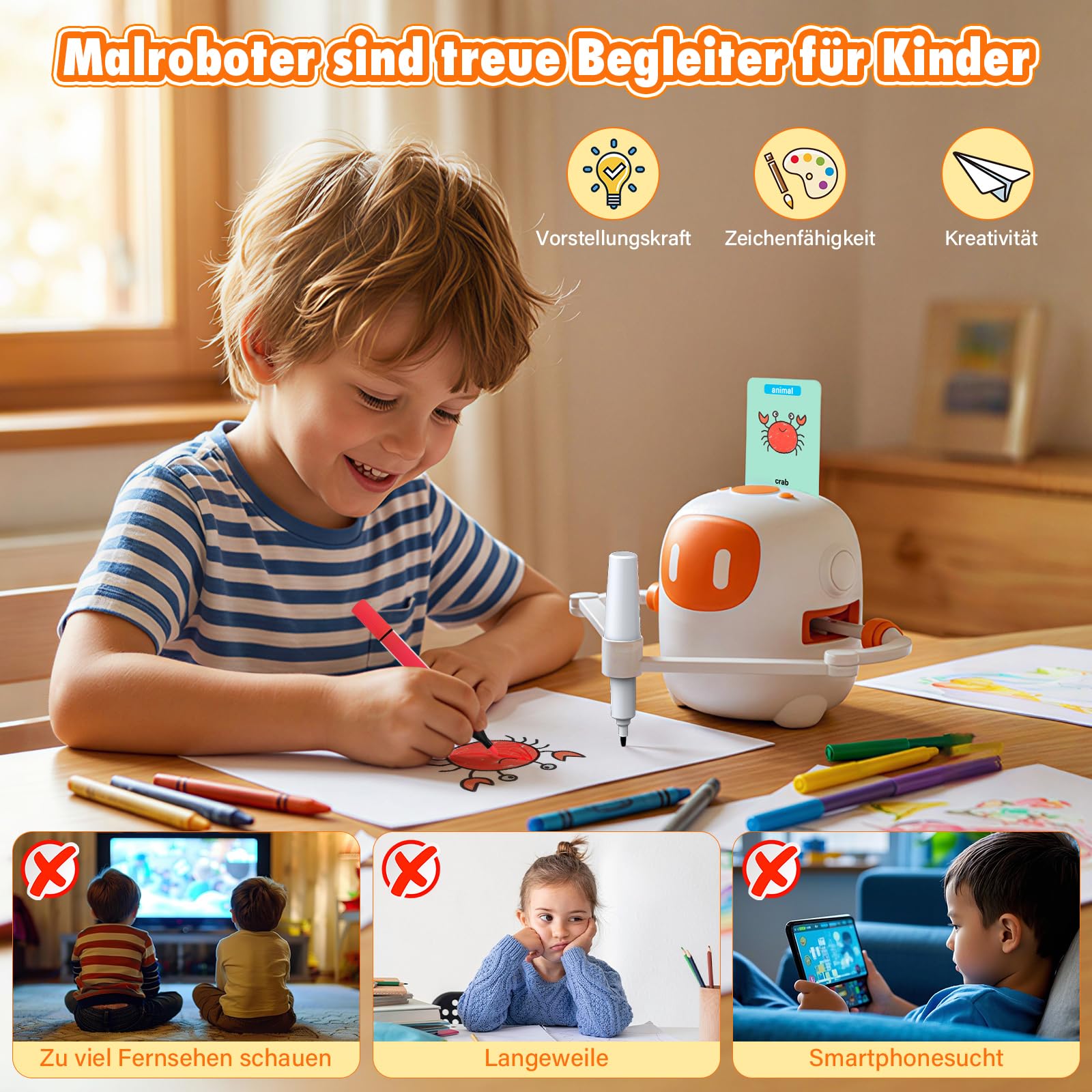 Roboter Kinder, Zeichenroboter für Kinder mit Sprachfunktion - 100 Karten und Stiften für Kinder Ab 3 Jahre, zur Förderung von Kreativität & Konzentration für Jungen Mädchen, Weiß