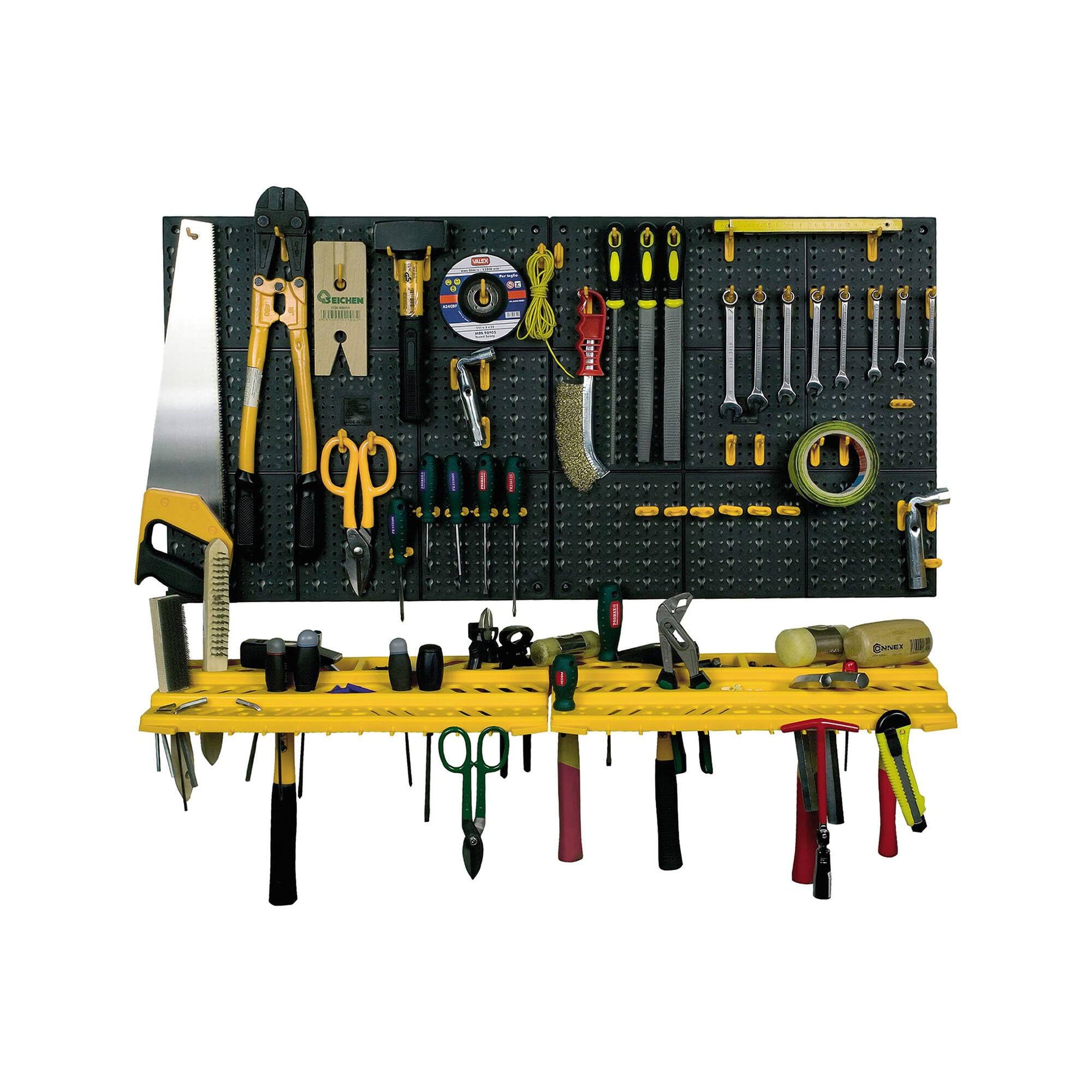 Dmora Ensemble de 2 panneaux et 2 niveaux de porte-outils avec 50 crochets, objets muraux de l'organisateur, 100% Made in Italy, 100x22h50 cm, couleur noire