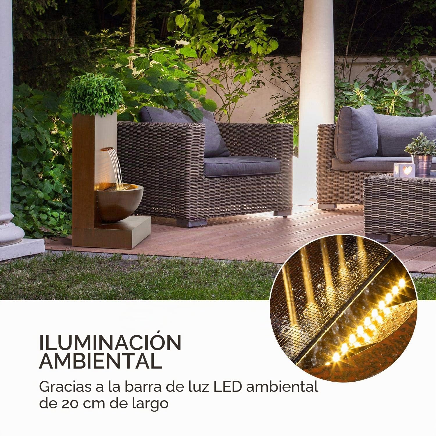 Blumfeldt Windflower Fuente para jardín - 11 W de Potencia, Incluye Cuenco para Plantas, para Dentro y Fuera, Caudal: 750 l/h, Iluminación LED, Metal galvanizado, Marrón