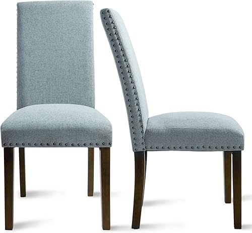Juego de 2 sillas de comedor de tela con clavos de cobre y patas de madera maciza Madera Azul oscuro