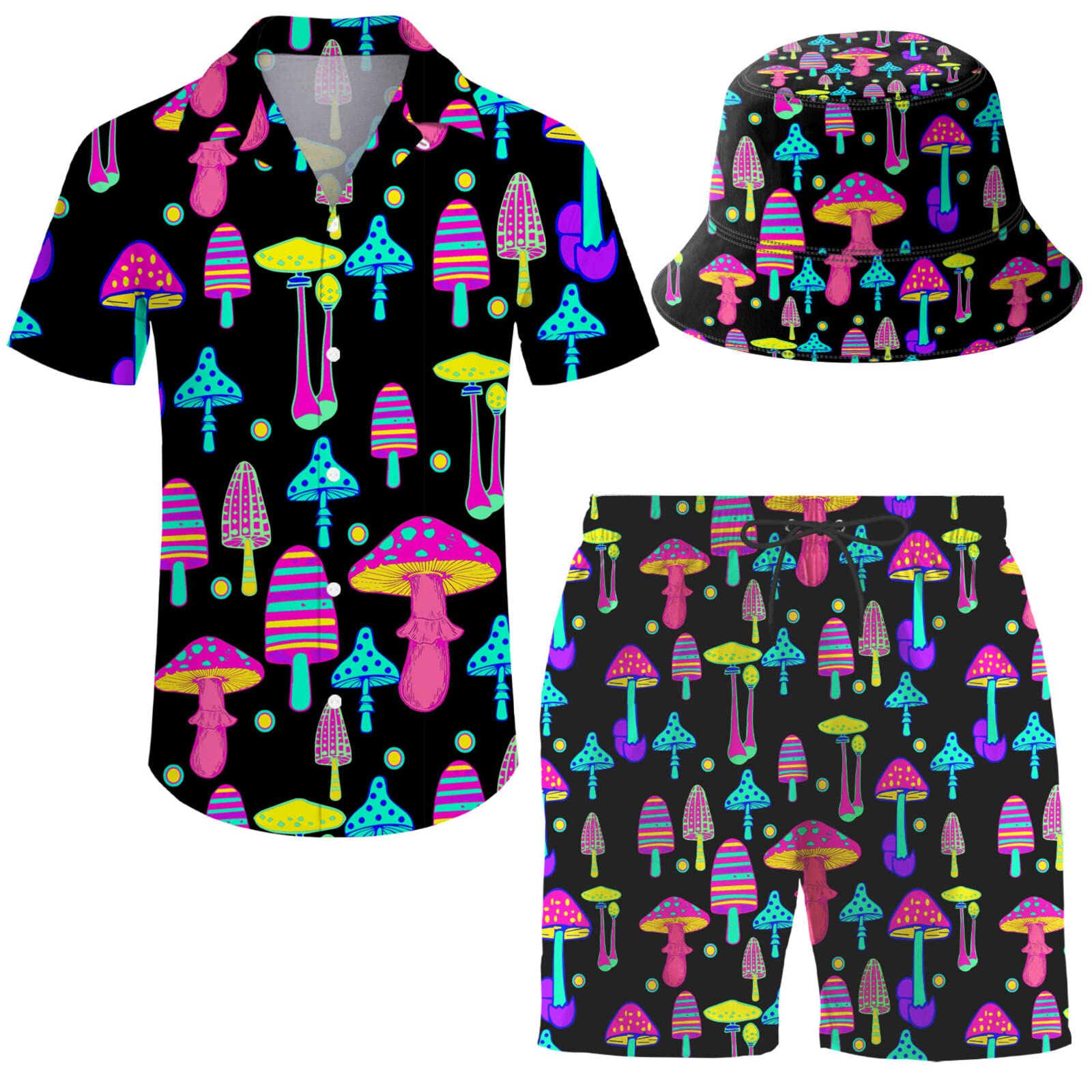 Wdpsuxin Mens 2 Piece Short Set Trippy Dinosaur Hawaiian Button Down Shirt and Shorts Sets with Bucket Hats, Trippy Magic Mushroom4, XXL