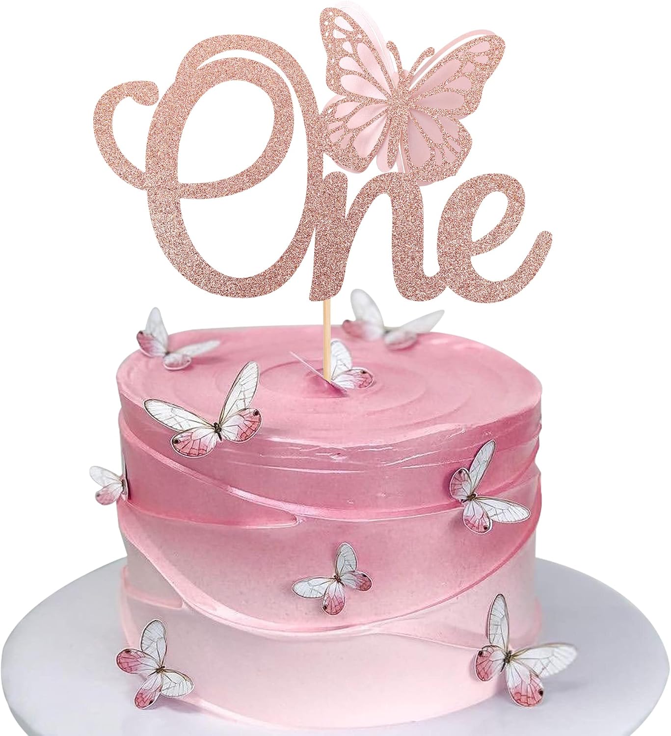 Xsstarmi 1 PCS Butterfly One Cake Topper Rose Gold Glitter Baby Shower Butterfly 1st Birthday Cake Pick for Butterfly Theme Baby Shower 1st Birthday Party Cake Decoration Supplies